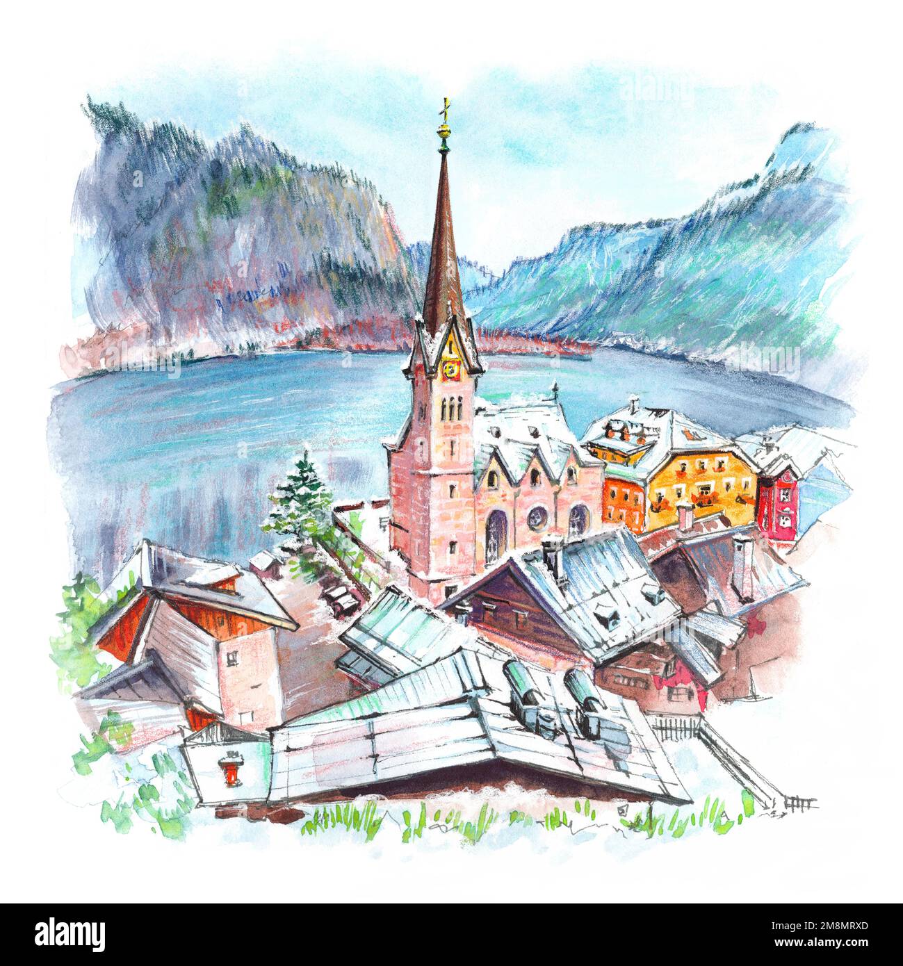 Colore acquerello del famoso villaggio di montagna di Hallstatt nelle Alpi austriache, Austria Foto Stock