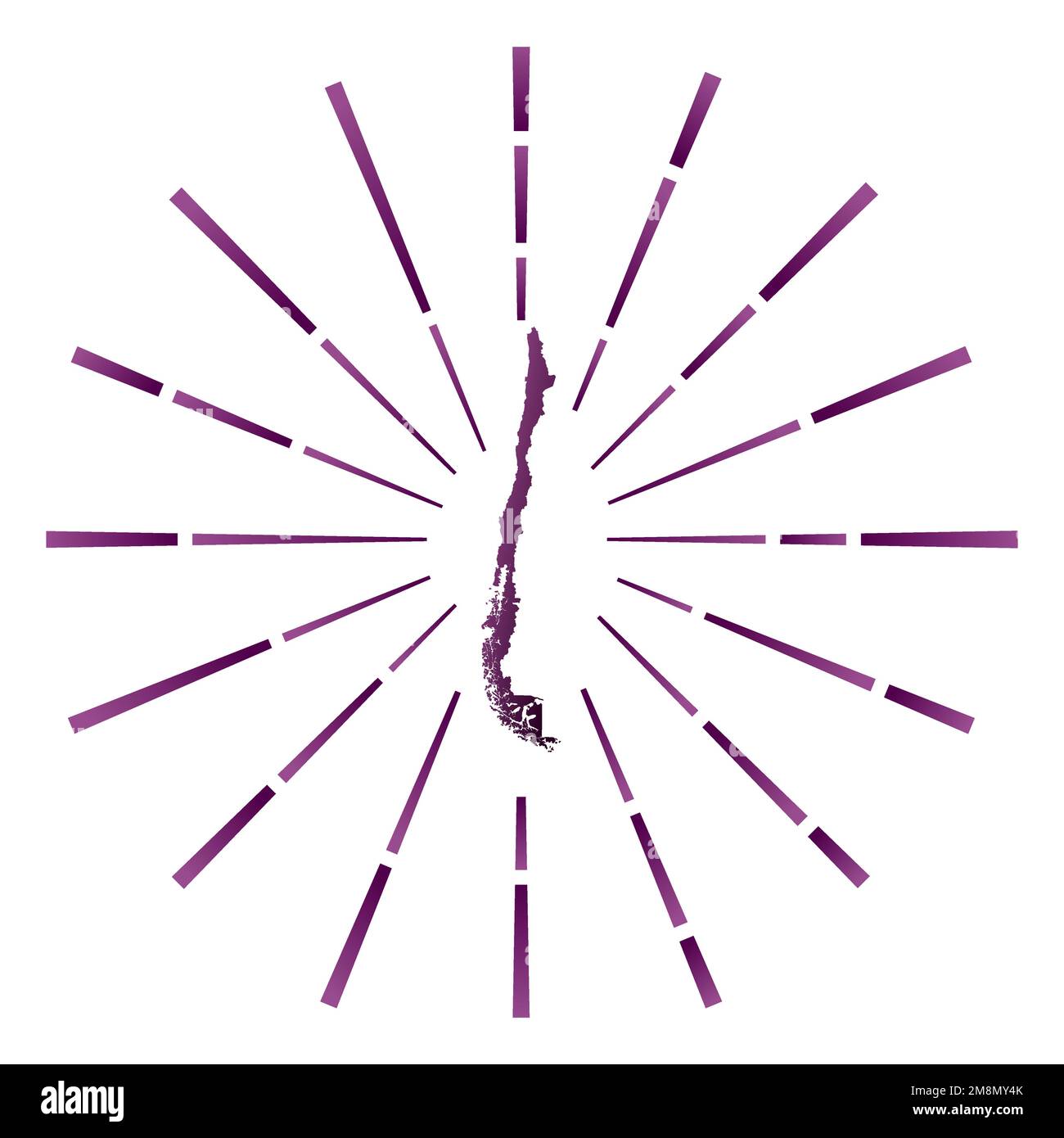 Burst solare in pendenza in Cile. Mappa del paese con raggi stellari colorati. Illustrazione Cile in digitale, tecnologia, Internet, stile di rete. Illustrazione Vettoriale
