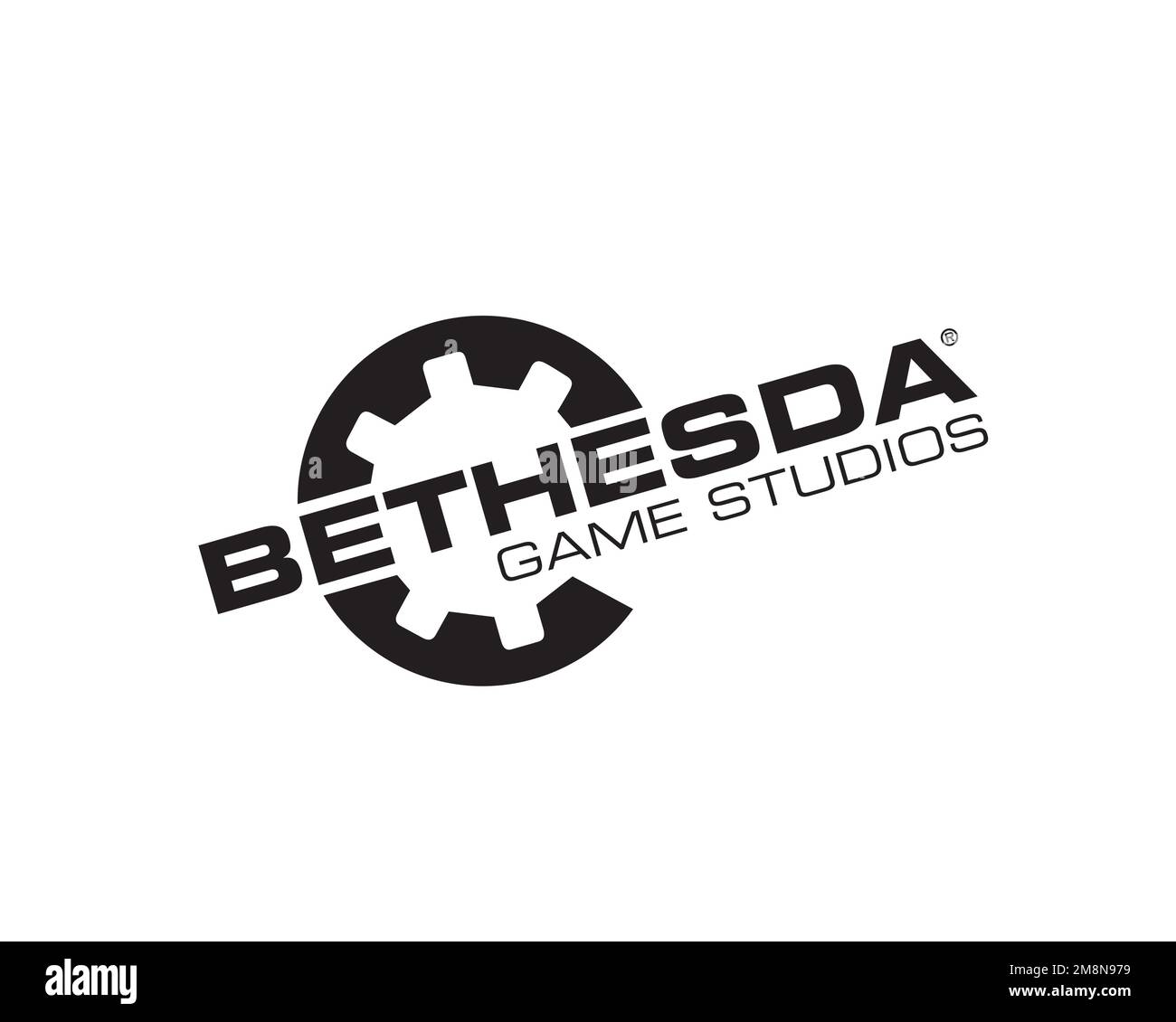 Bethesda Game Studios, logo ruotato, sfondo bianco Foto Stock
