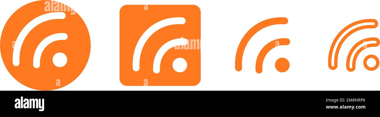 Icona impostata per RSS e feed. Pulsanti di abbonamento alle news e ai blog. Vettore modificabile. Illustrazione Vettoriale