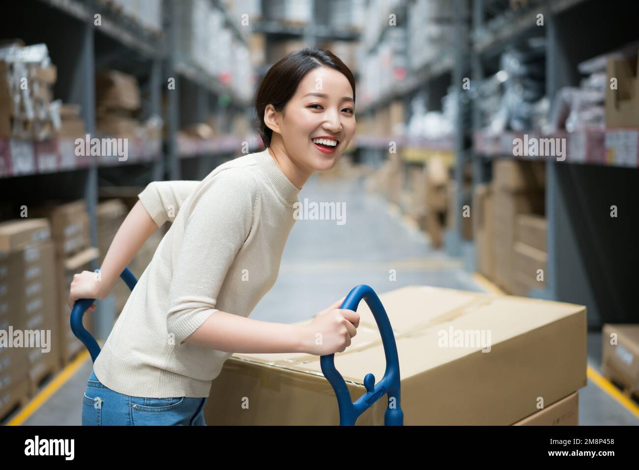 La giovane donna di scegliere e comprare articoli per la casa Foto Stock