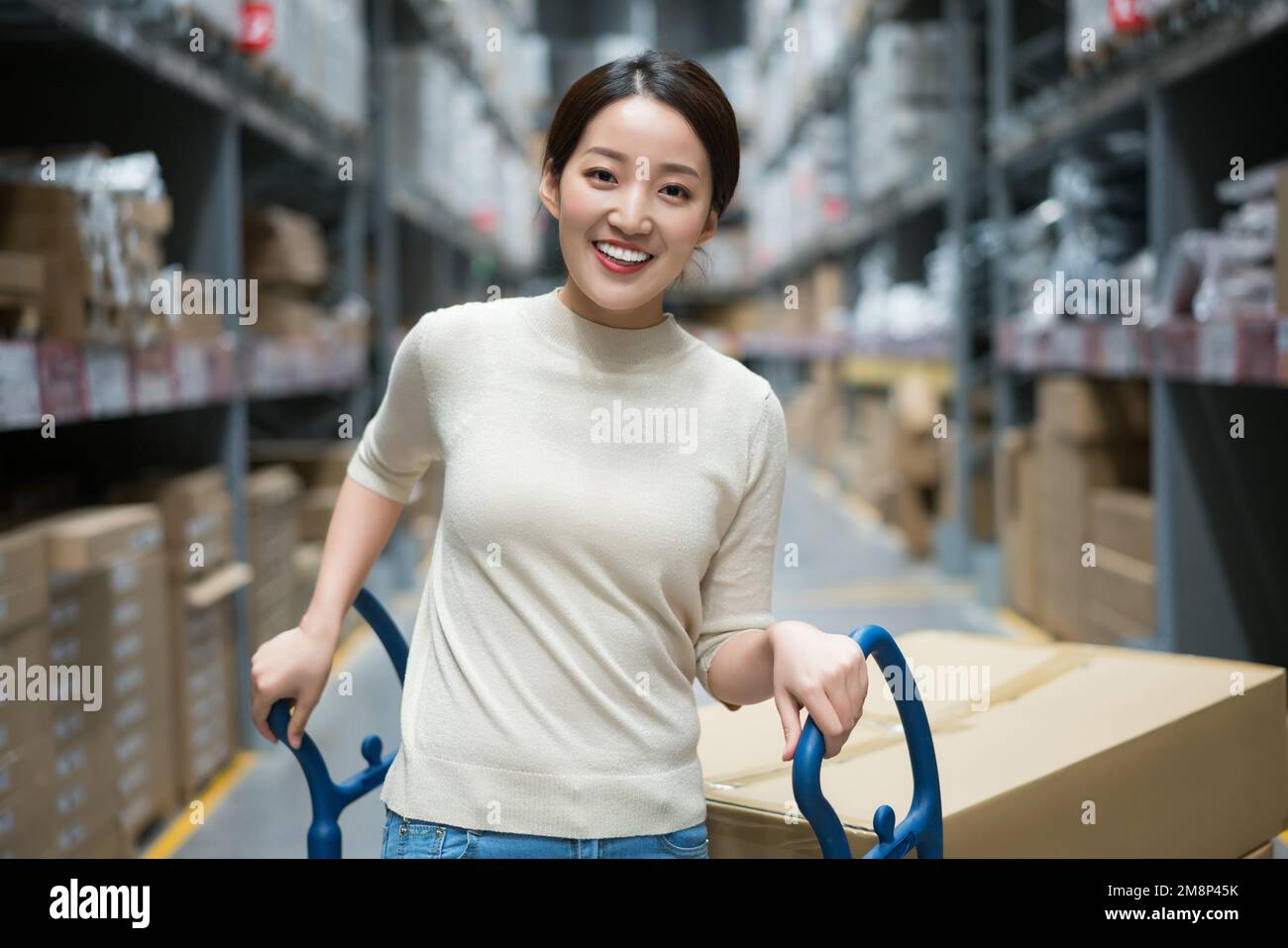 La giovane donna di scegliere e comprare articoli per la casa Foto Stock