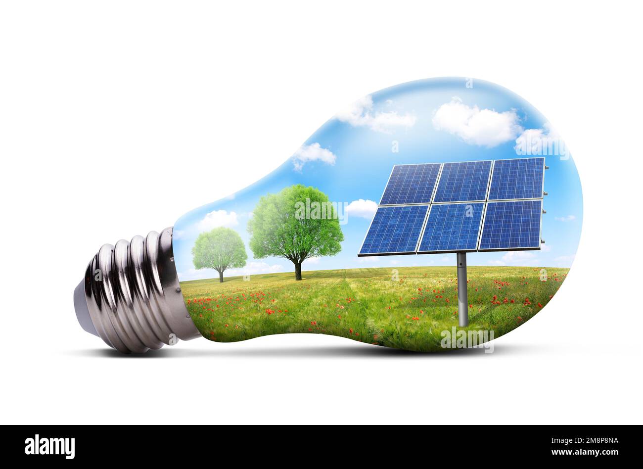 Lampadina a LED Eco con pannello solare isolato su sfondo bianco. Concetto di energia verde. Foto Stock