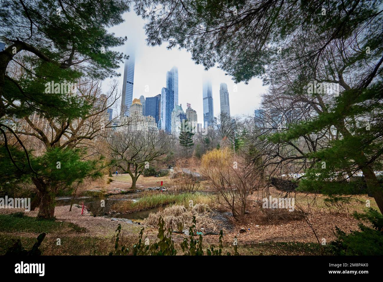 New York City Manhattan Central Park nella nebbia Foto Stock