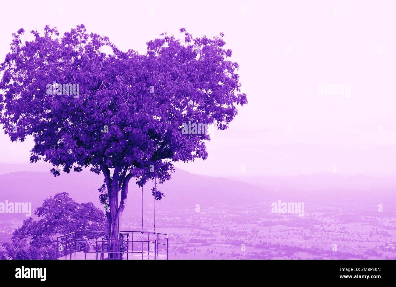 Pop Art surreale stile cuore a forma di albero su cielo nuvoloso in tonalità di colore viola Foto Stock
