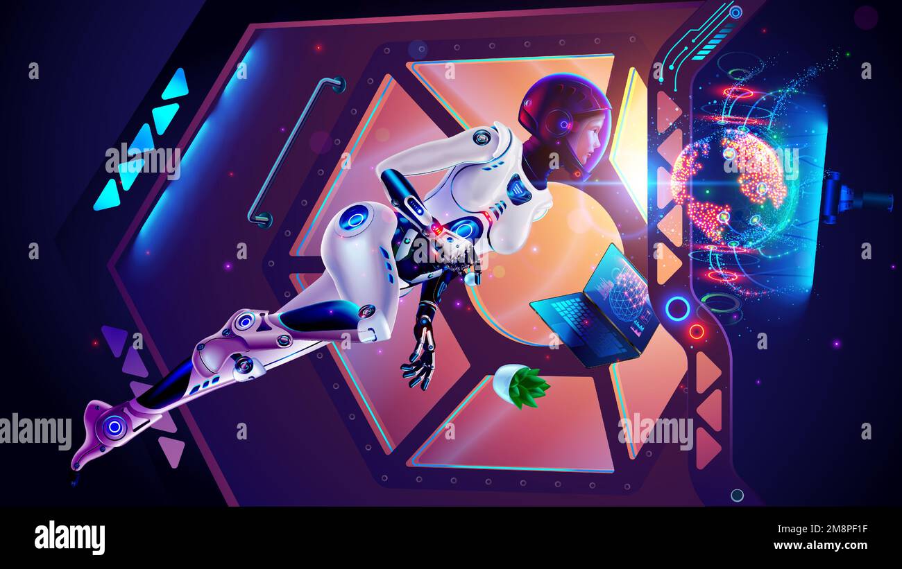 L'astronauta femminile nella tuta spaziale si trova in assenza di peso all'interno dell'astronave sullo sfondo dell'oblò. Donna cosmonaut funziona con pannello di controllo di sp Illustrazione Vettoriale