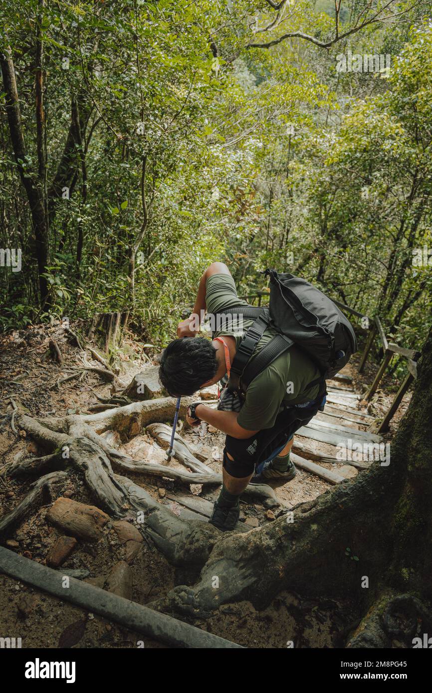Uomo esausto escursionista sentirsi stanco su un sentiero nella foresta con uno zaino - Monte Kinabalu, Sabah, Borneo, Malesia Foto Stock