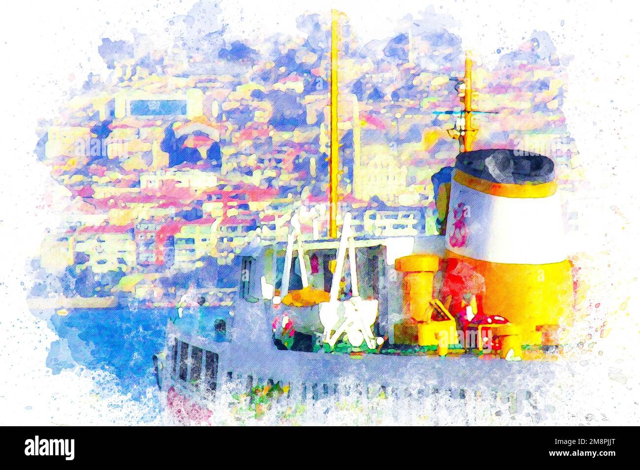 Arte acquerello, traghetti storici che trasportano passeggeri nel Bosforo Foto Stock