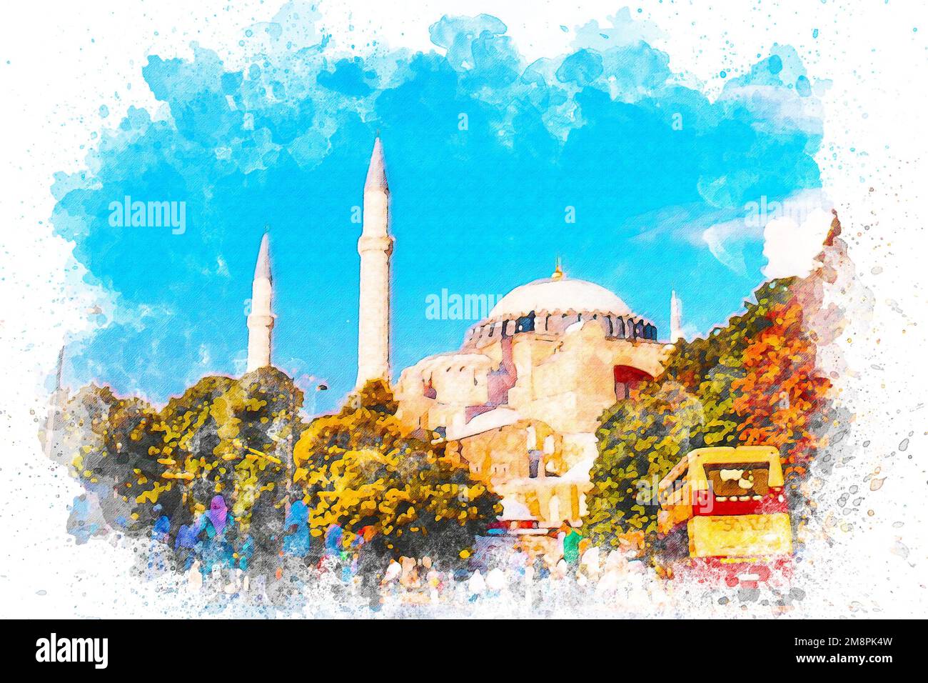 Acquerello d'arte Hagia Sophia Minareto, cielo soleggiato e blu, concetto islamico Foto Stock
