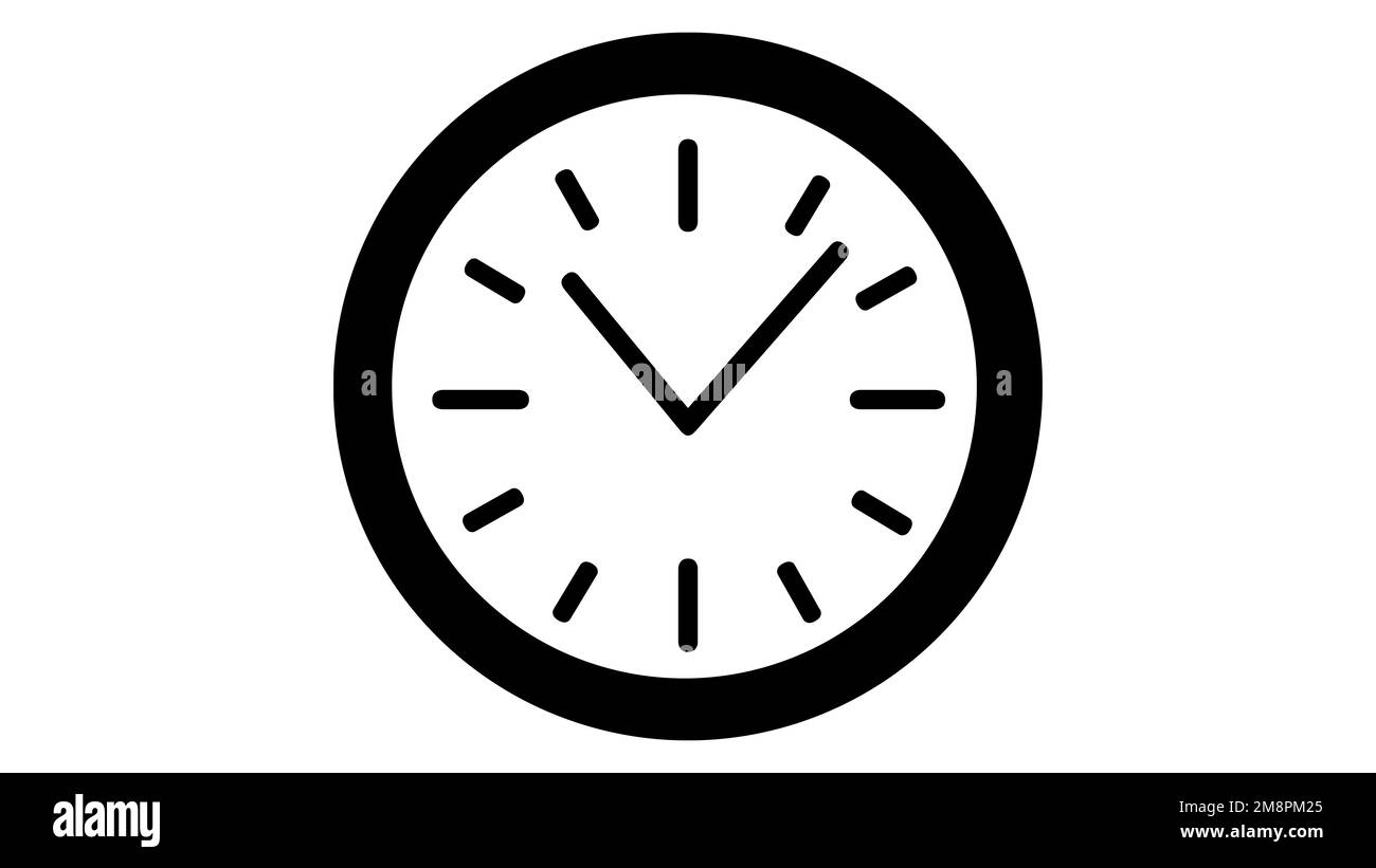 Icona Orologio. Semplice orologio piatto. Orologio da parete con quadrante rotondo, orologio analogico nero con freccia e tacche Foto Stock