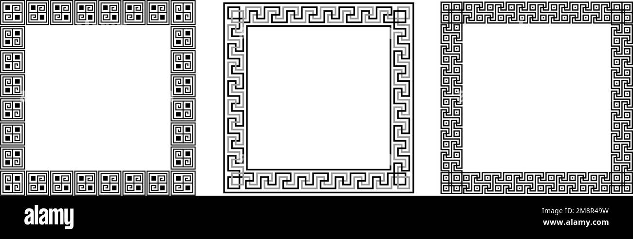 Set di cornici quadrate in ornamento greco. Raccolta di pattern rettangolari meandro. Antichi confini del fret greco. Diverso motivo geometrico dei meandros. Vettore Illustrazione Vettoriale