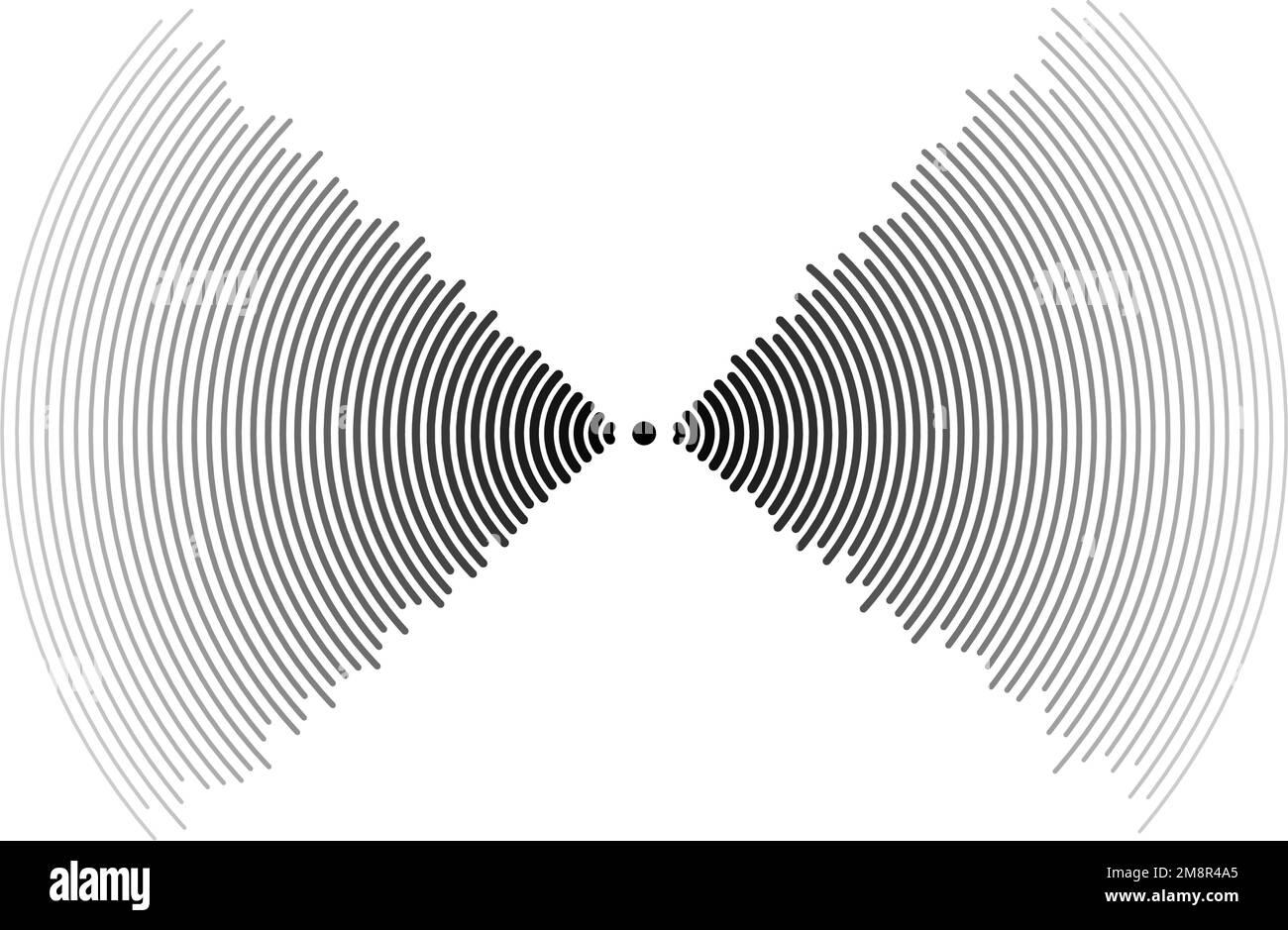 Segnale dell'onda sonora. Concetto di radio o audio musicale. Icona dell'epicentro o del radar. Segnale radiale o elementi di vibrazione. Linee della curva di impulso. Ondulazione concentrica Illustrazione Vettoriale
