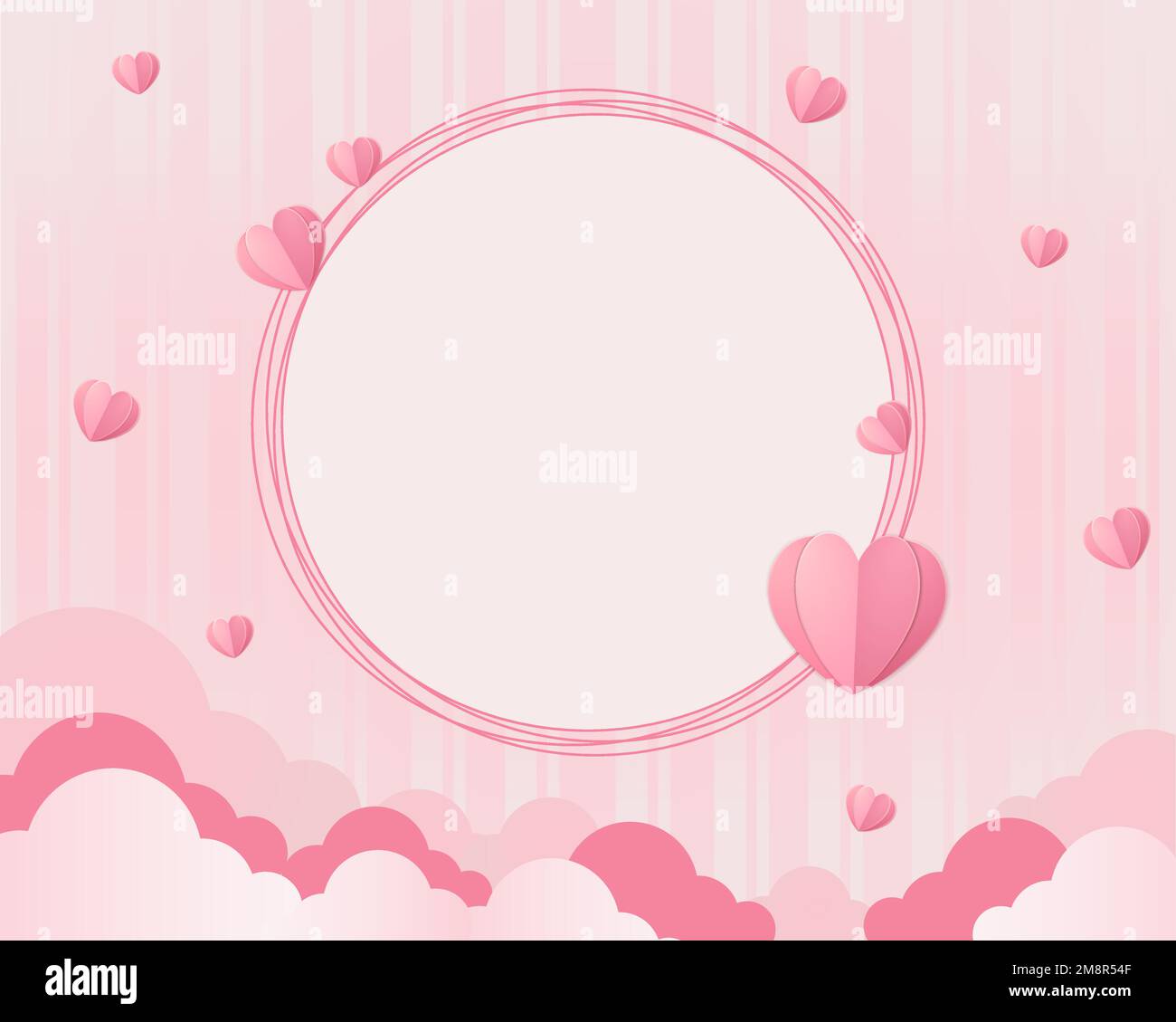 Modello rosa tenue per San Valentino con un posto per saluti, cuori e nuvole. Vettore. Poligrafia. Cartolina. Invito. Illustrazione Vettoriale