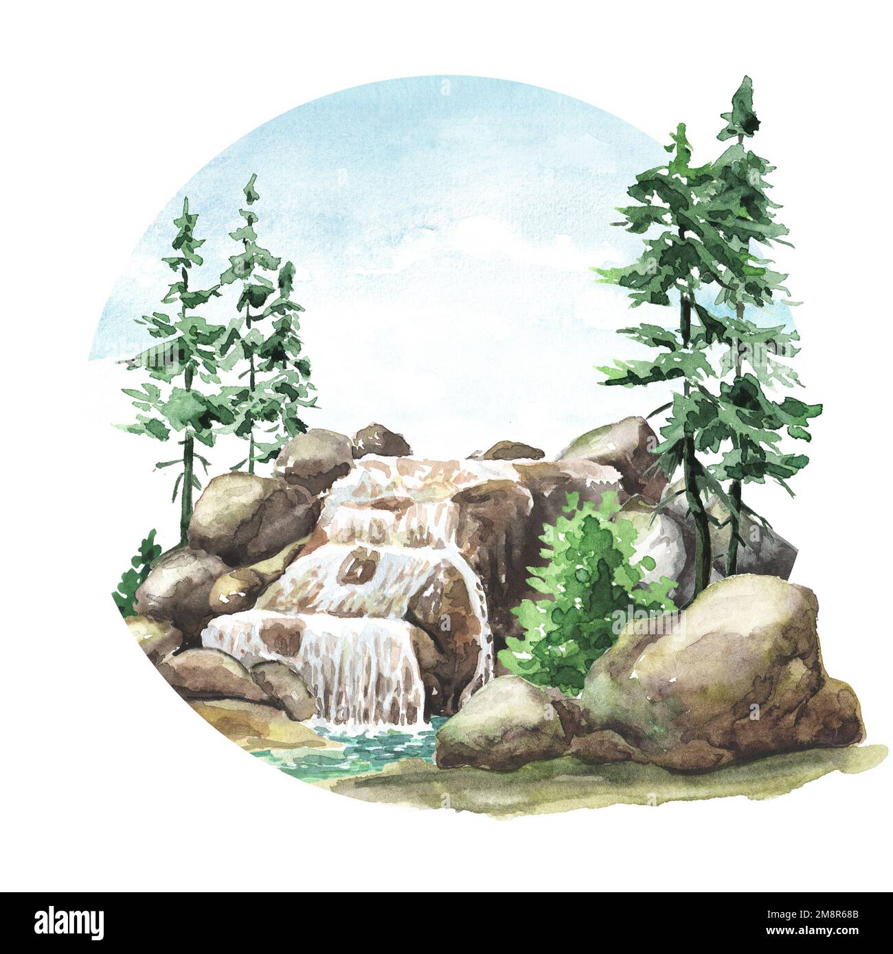 Foresta cascata, concetto di escursioni. Illustrazione di acquerello disegnata a mano isolata su sfondo bianco Foto Stock