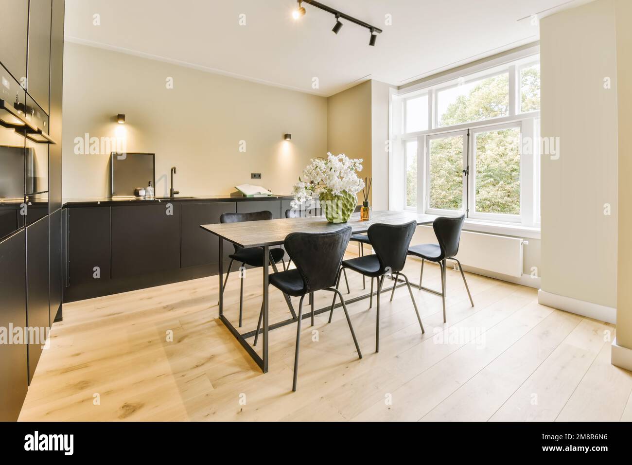 una cucina e zona pranzo in una casa con pavimenti in legno duro, pareti bianche e pavimenti in legno chiaro foto scattata dal fronte Foto Stock