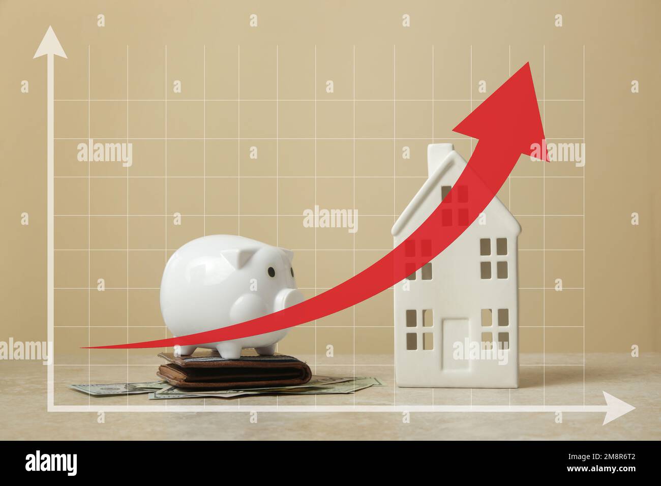 Pianificazione del budget domestico. Costo della vita. Concetto di inflazione. Concetto di risparmio di denaro per l'acquisto di nuova casa. Piggy bank, portafoglio con banconote in dollari e mese Foto Stock