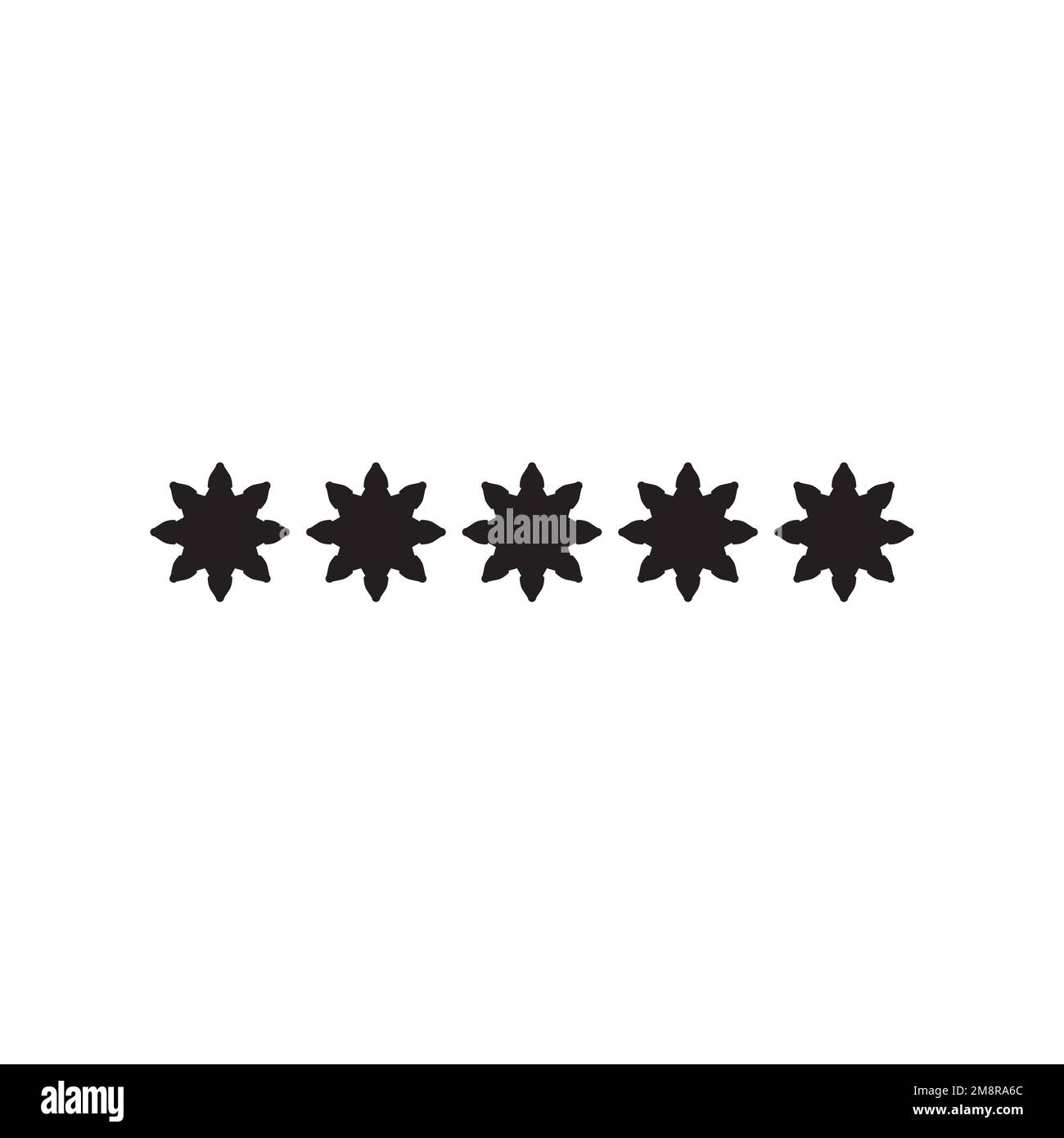 Icona a cinque stelle. Simbolo di sfondo del poster di valutazione di un torneo di stile semplice. Valutazione dell'elemento di design del logo del marchio. Stampa di magliette a cinque stelle. Illustrazione Vettoriale