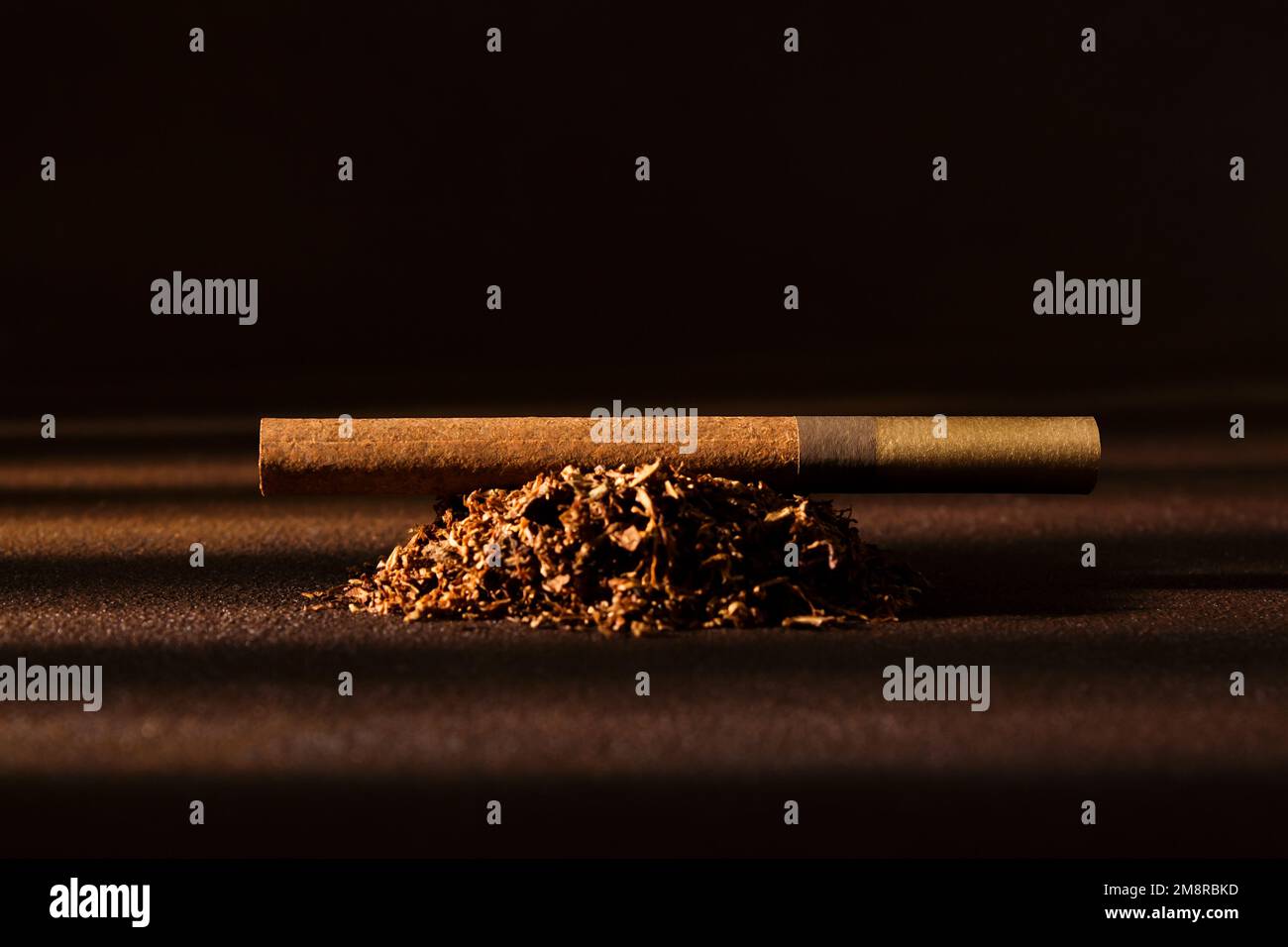 Sigaretta. Primo piano delle foglie di tabacco e sigaretta. Messa a fuoco selettiva. Cattive abitudini Foto Stock