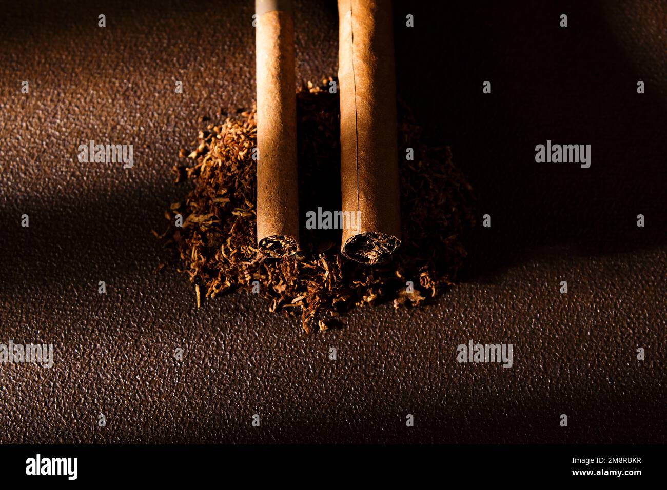 Sigaretta. Primo piano delle foglie di sigarette, sigaretti e tabacco. Messa a fuoco selettiva. Cattive abitudini Foto Stock