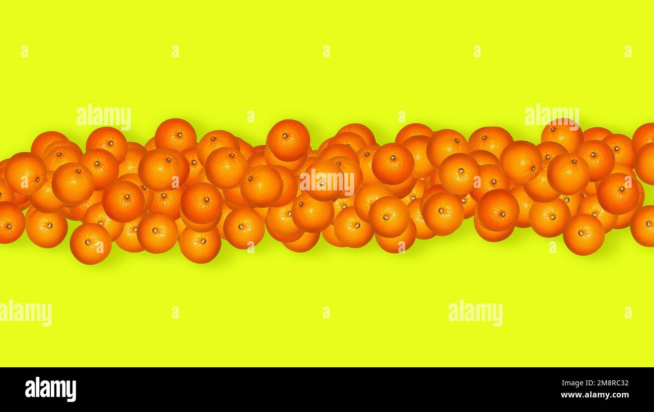 Sfondo con arance. Molte arance su sfondo giallo. Banner. Foto Stock