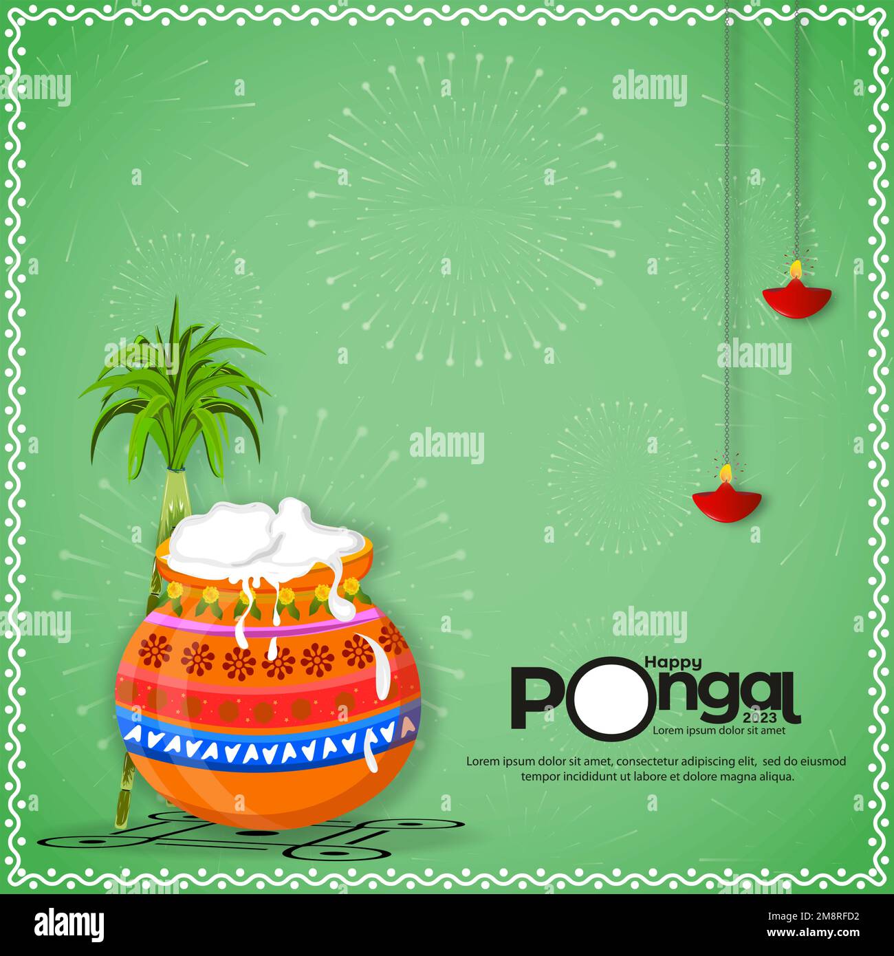 Illustrazione del saluto di Happy Pongal Holiday Harvest Day background. Illustrazione Vettoriale