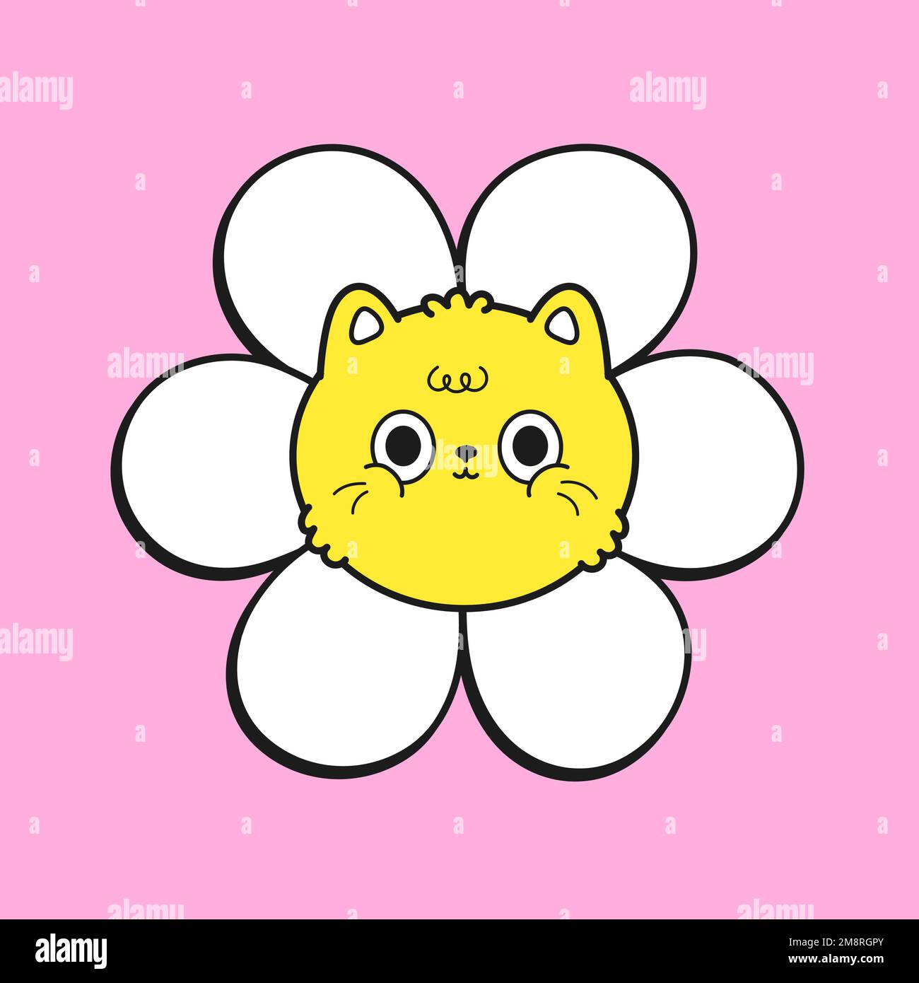Carino divertente kawaii gatto faccia in flower.Vector cartone animato kawaii personaggio illustrazione logo design.Chamomile sorriso faccia, gatto, kittie, fiore stampa per t-shirt, logo, adesivo, poster Illustrazione Vettoriale
