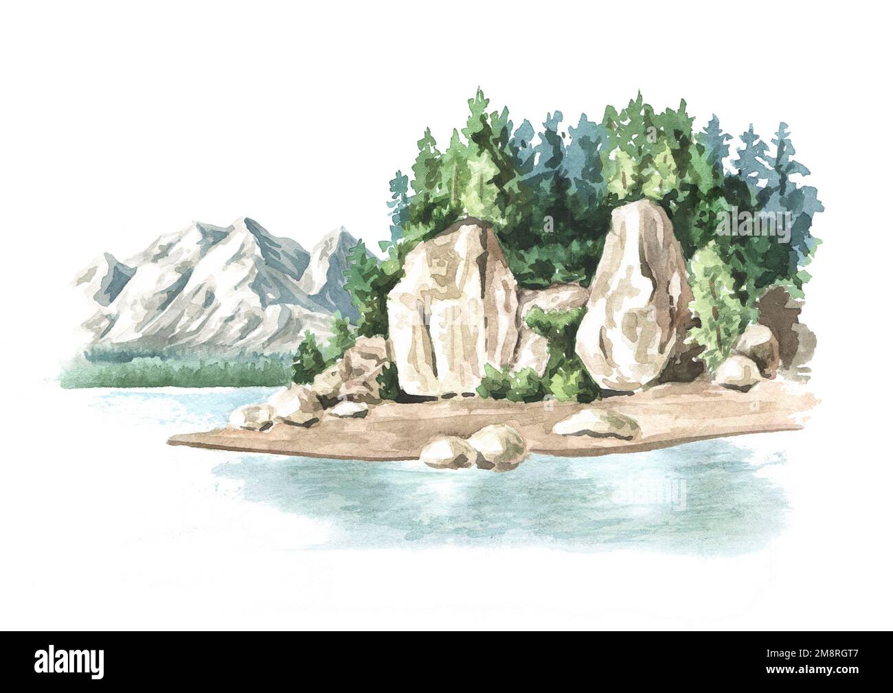 Riva rocciosa del fiume e montagne. Illustrazione a acquerello disegnata a mano, isolata su sfondo bianco Foto Stock