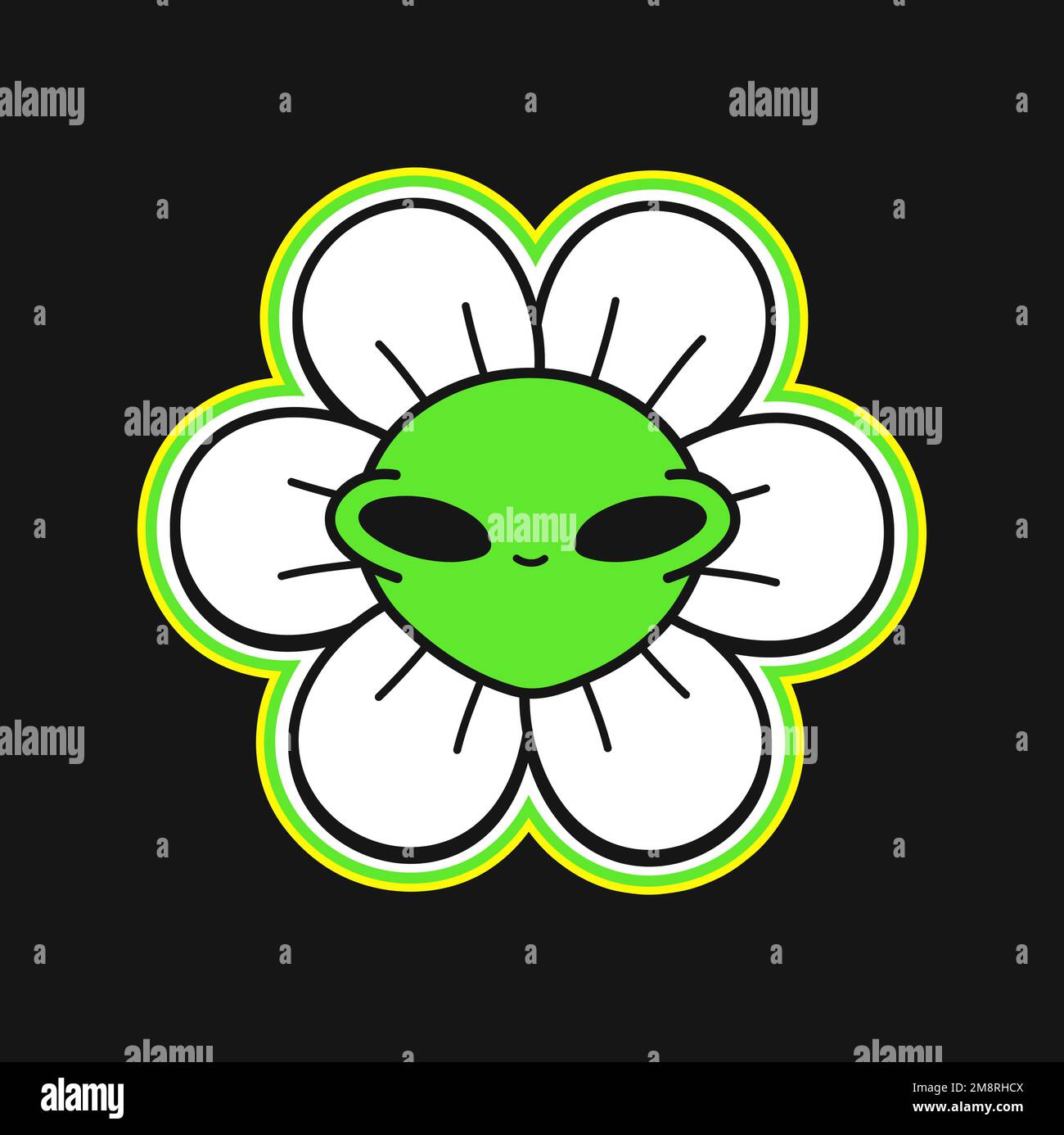 Divertente fiore alieno face.Vector cartone animato illustrazione logo.Smile groovy fiore camomilla faccia, acido, techno, stampa trippy per t-shirt, poster arte concetto Illustrazione Vettoriale