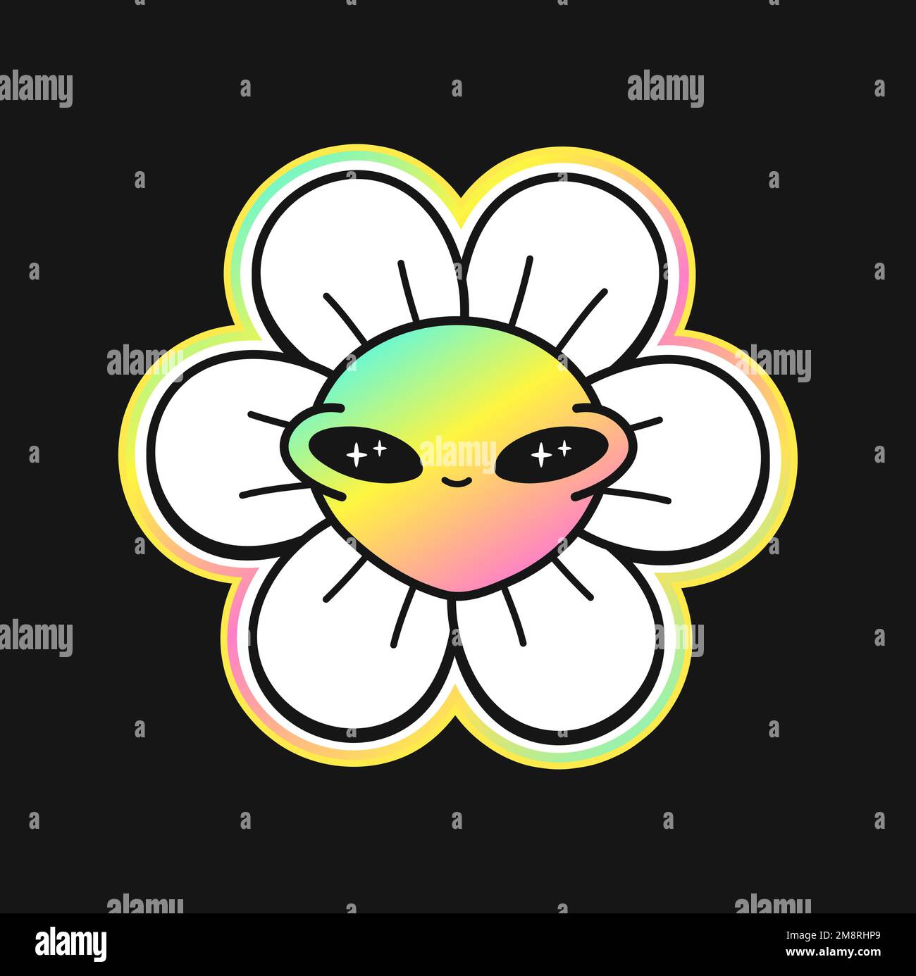 Divertente fiore alieno face.Vector cartone animato illustrazione logo.Smile groovy fiore camomilla faccia, acido, techno, stampa trippy per t-shirt, poster arte concetto Illustrazione Vettoriale