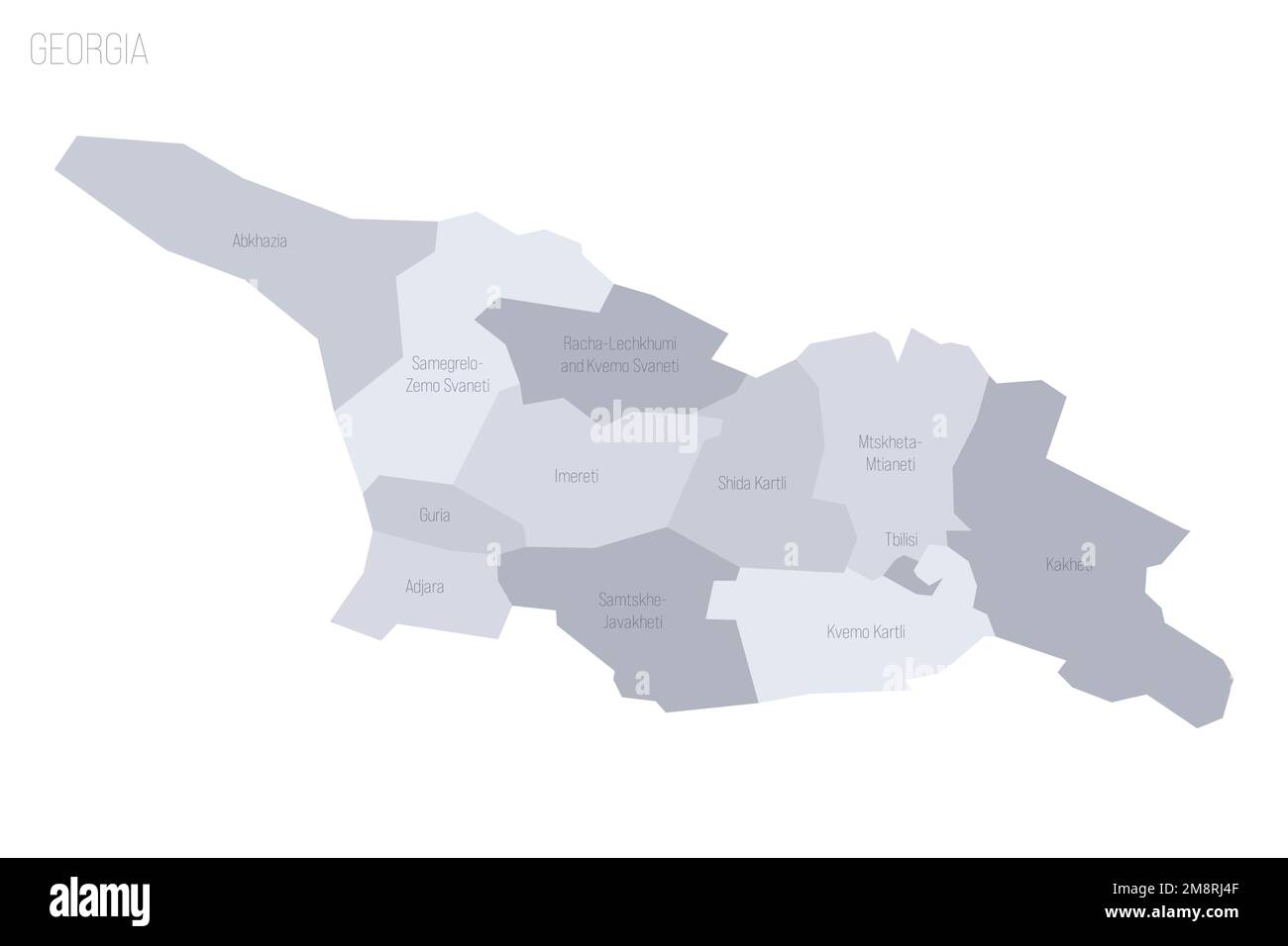 Georgia carta politica delle divisioni amministrative - regioni e repubbliche autonome di Abkhasia e Adjara. Mappa vettoriale dei grigi con etichette. Illustrazione Vettoriale