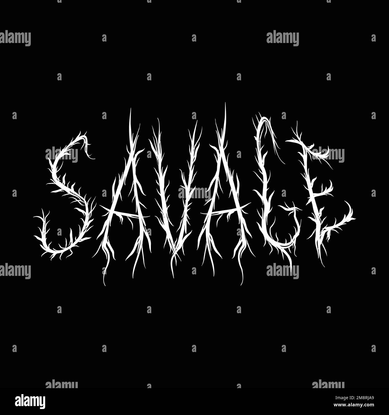Savage quote, alla moda nero stile Letters.Vector disegnata a mano Illustration.Savage lettere astratte, acid fashion, nero stile stampa in metallo per t-shirt, poster concetto Illustrazione Vettoriale