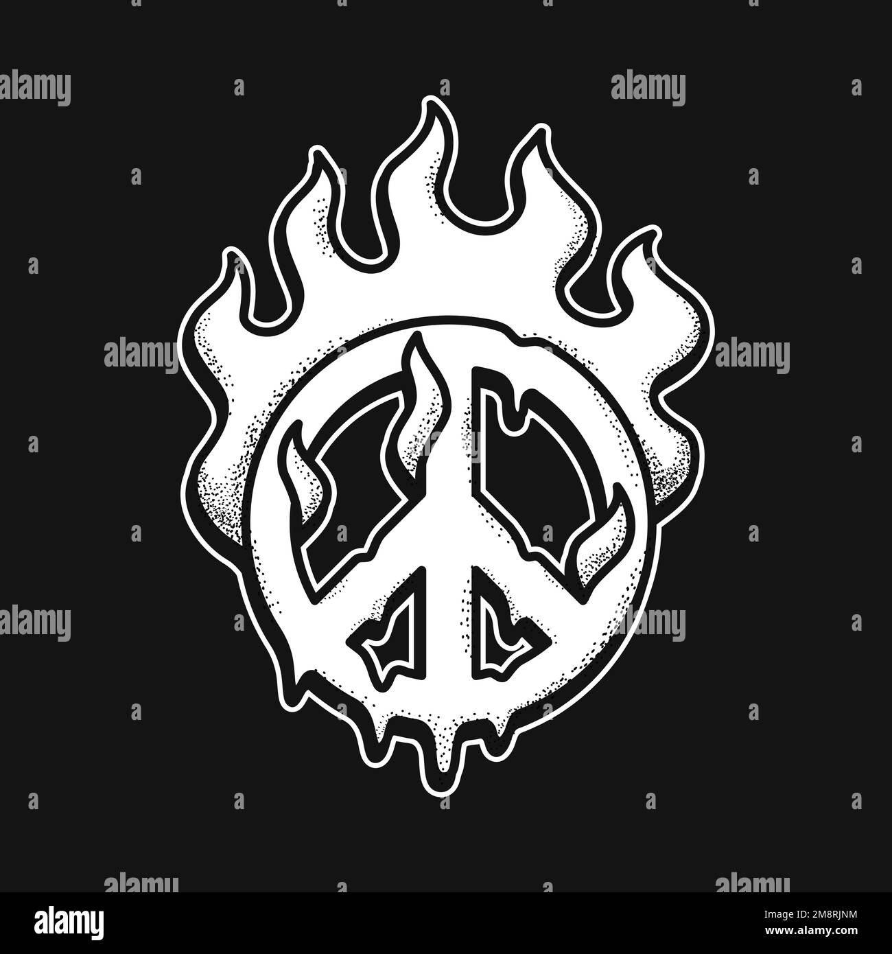 Simbolo di pace bruciare in fuoco t-shirt stampa .Vector cartoon grafica illustrazione logo design Illustrazione Vettoriale