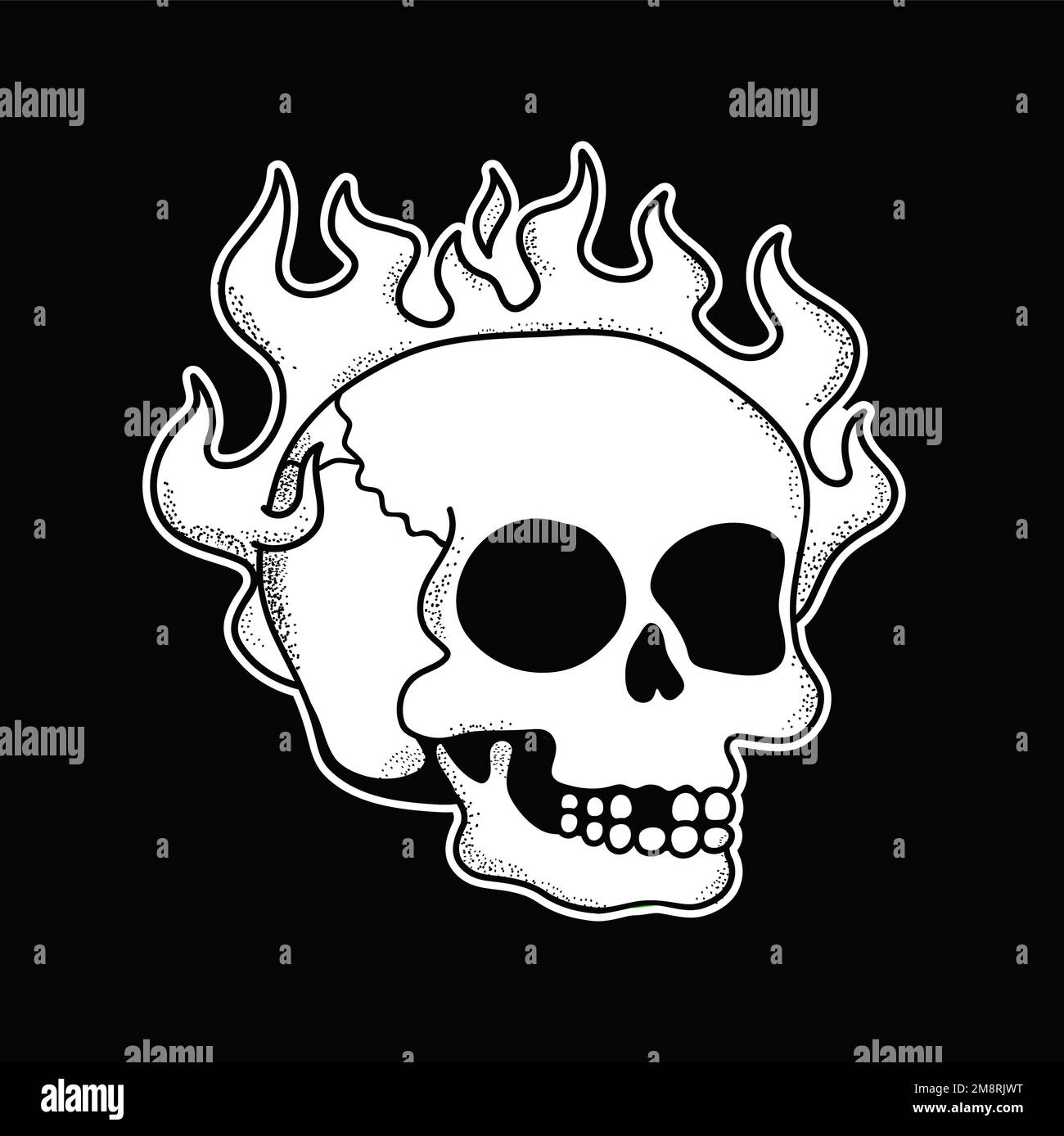 Cranio bruciare in fuoco t-shirt stampa.Vector cartoon grafica illustrazione logo design.Trippy cranio psichico, stampa fuoco per poster, t-shirt, logo concetto Illustrazione Vettoriale