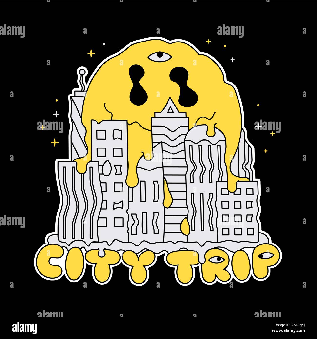 Fusione del volto sorridente e stampa della maglietta del paesaggio della grande città. Preventivo per un viaggio in città Illustrazione Vettoriale