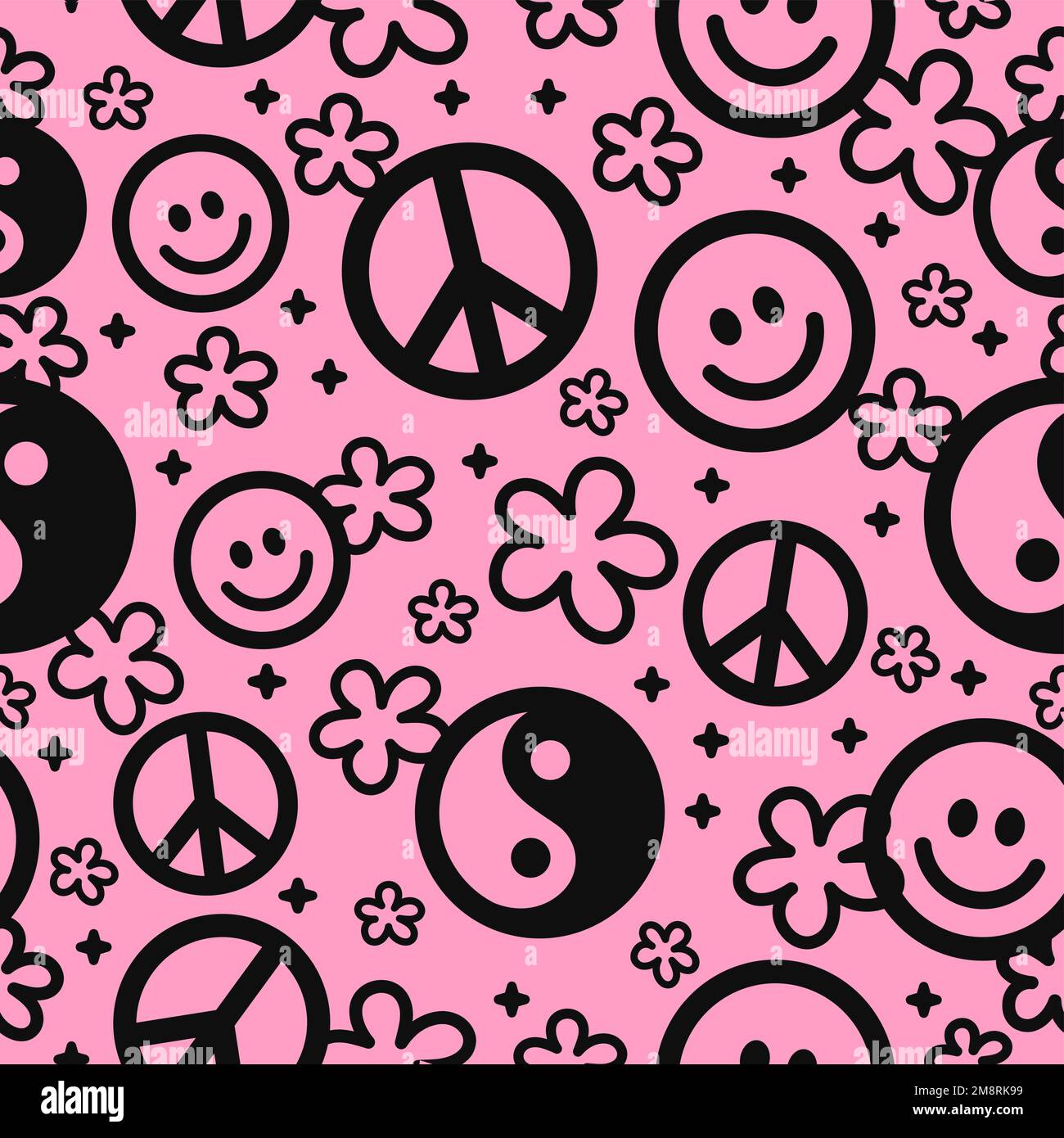 Yin Yang, pace hippie segno, sorriso faccia senza cuciture pattern.Vector mano disegnata cartoon personaggio illustrazione.Yin Yang,Ying,sorriso faccia,acido,amore hippie pace simbolo senza cuciture motivo carta da parati stampa Illustrazione Vettoriale
