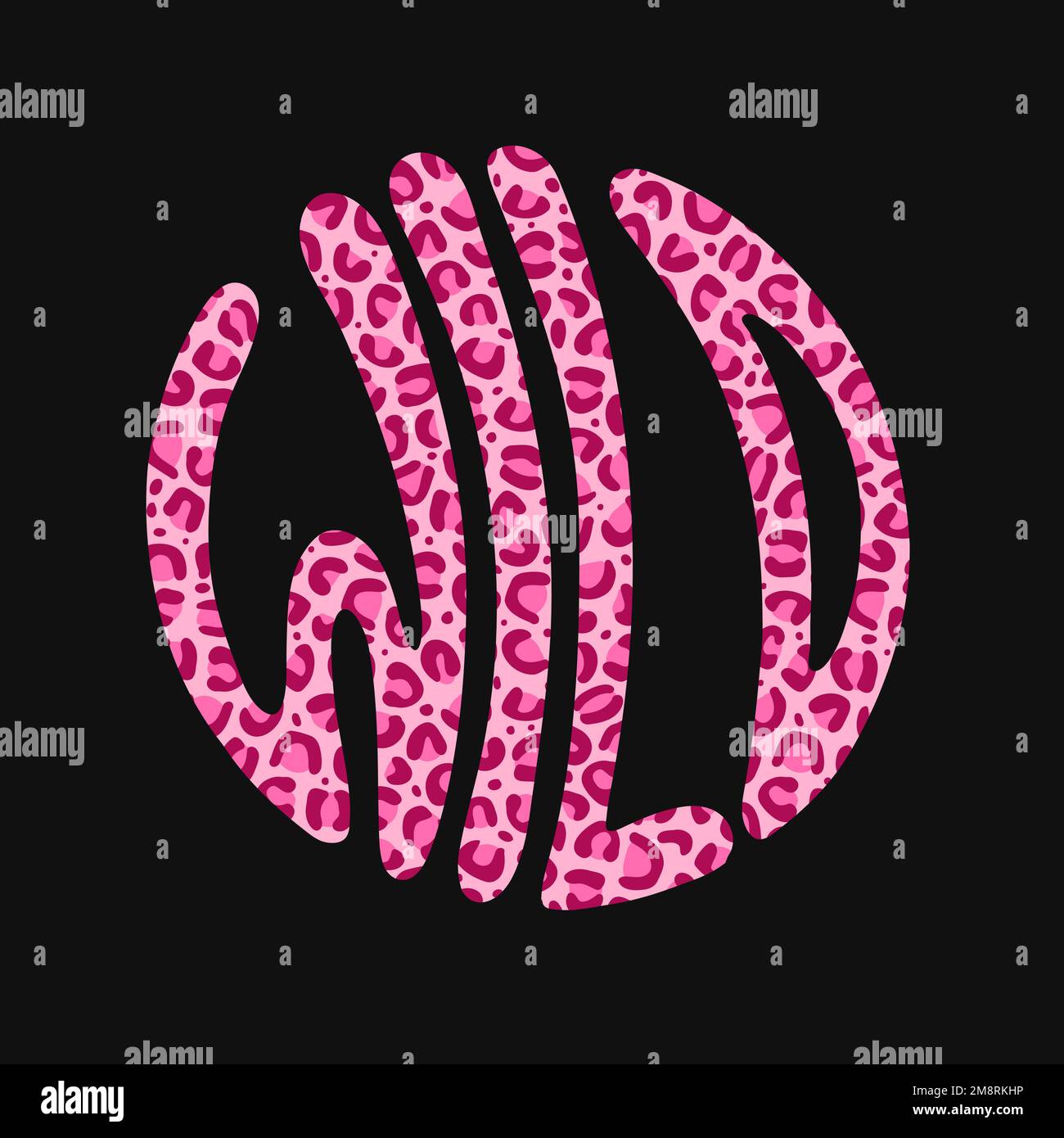 Virgoletta in cerchio . Illustrazione della scrittura vettoriale disegnata a mano. Scritta Wild, stampa in pelliccia di leopardo per t-shirt, t-shirt, poster, adesivo, logo concept Illustrazione Vettoriale