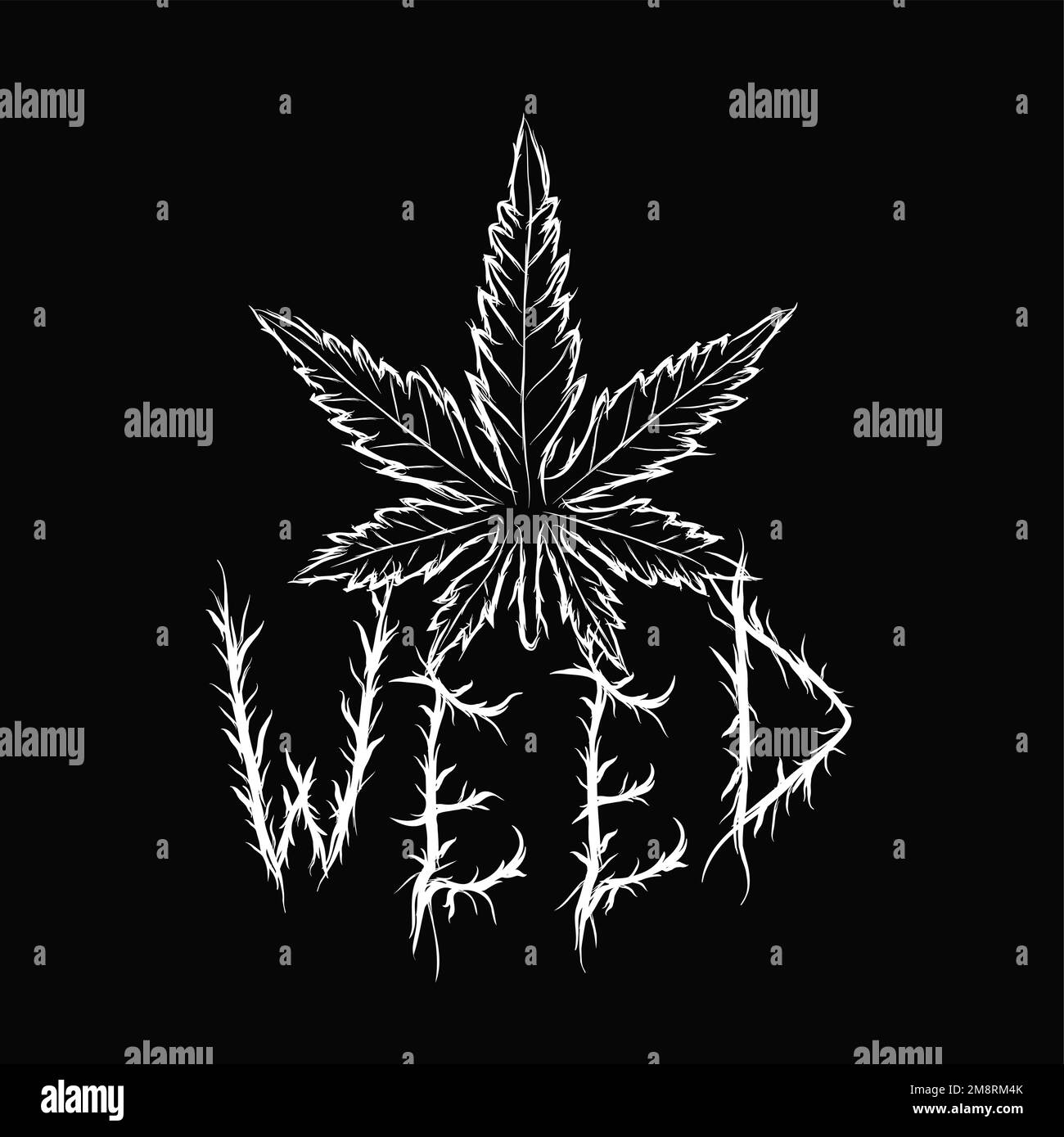 Parola di erbaccia, lettere di stile di metallo nero trendy.Vector disegnata a mano illustration.Weed, lettere trippy, moda acida, stampa di stile di metallo nero per la t-shirt, concetto del manifesto Illustrazione Vettoriale