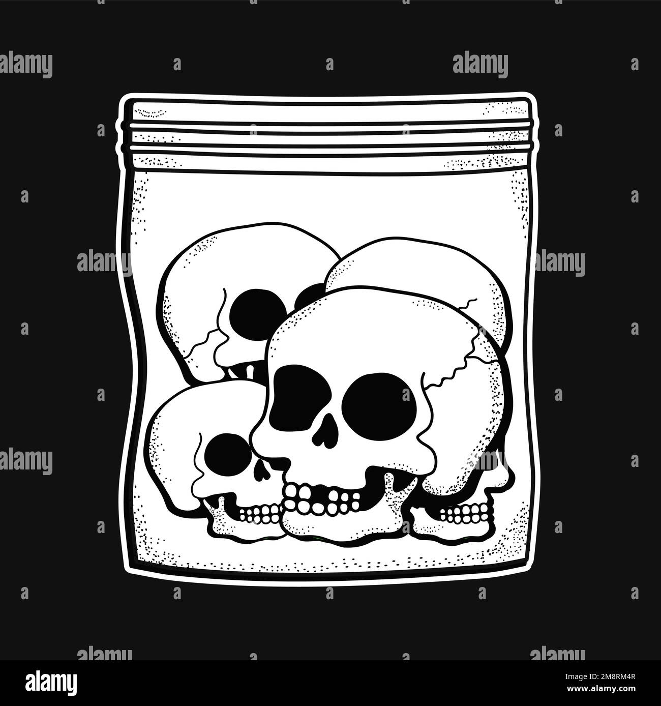 Teschi in una stampa t-shirt con zip in plastica. Disegno vettoriale a mano della linea del fumetto Illustrazione Vettoriale