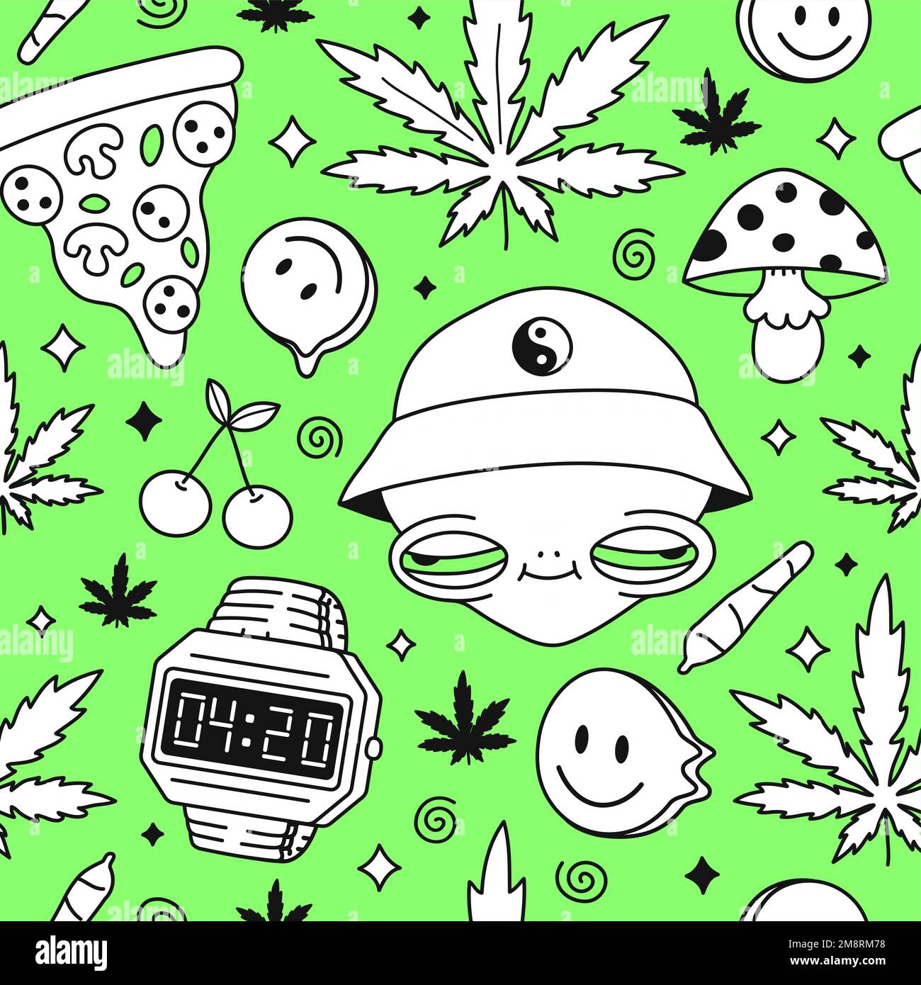 Psichedelico trippy alieno, pizza senza cuciture modello art.Weed, fungo, ciliegia, erbaccia marijuana foglie.Vector cartoon personaggio illustrazione design.Trippy alieno, fungo, magia, cannabis modello art concetto Illustrazione Vettoriale