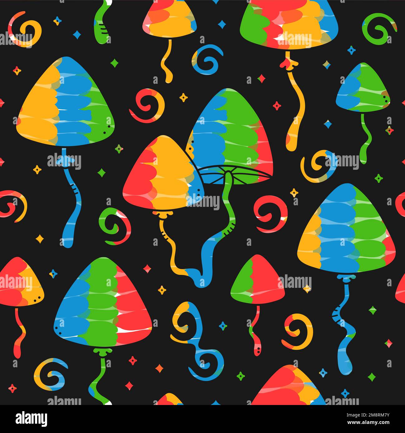 Divertente pazzo psilocybin magico fungo senza cuciture pattern.Vector disegno a mano cartoon illustrazione senza cuciture pattern. Fungo magico, psilocybin carta da parati concetto di stampa Illustrazione Vettoriale