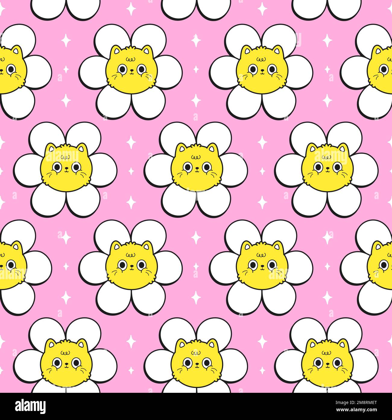 Carino divertente kawaii gatto faccia in fiore senza cuciture modello art.Vector cartone animato kawaii personaggio illustrazione design.Positive vintage sorriso faccia, gatto, kittie, fiore senza cuciture modello concetto Illustrazione Vettoriale