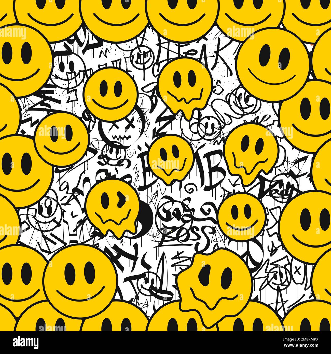 Graffiti e melt sorriso faccia senza cuciture motivo carta da parati art.Vector grafica sfondo illustrazione.Graffiti lettering, arte urbana senza cuciture motivo carta da parati concetto di stampa Illustrazione Vettoriale