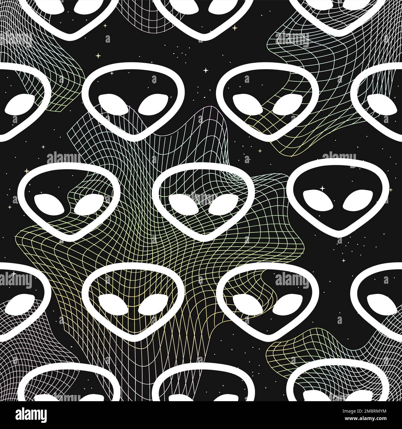Curvatura,distorto spazio griglia,faccia aliena linea di pattern senza cuciture art.Vector grafica Illustration.Psychedelic griglia,alien,ufo,techno,acid,prospettiva linee trippy senza cuciture motivo carta da parati stampa art Illustrazione Vettoriale