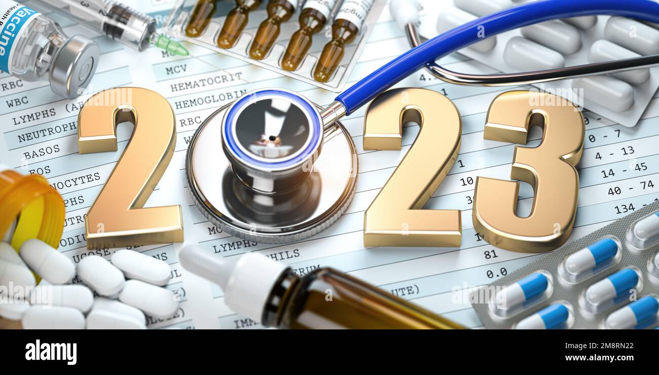2023 Felice Anno Nuovo. Concetto di salute, medicina e farmacia. Numero 2023 con stetoscopio e meds. illustrazione 3d Foto Stock