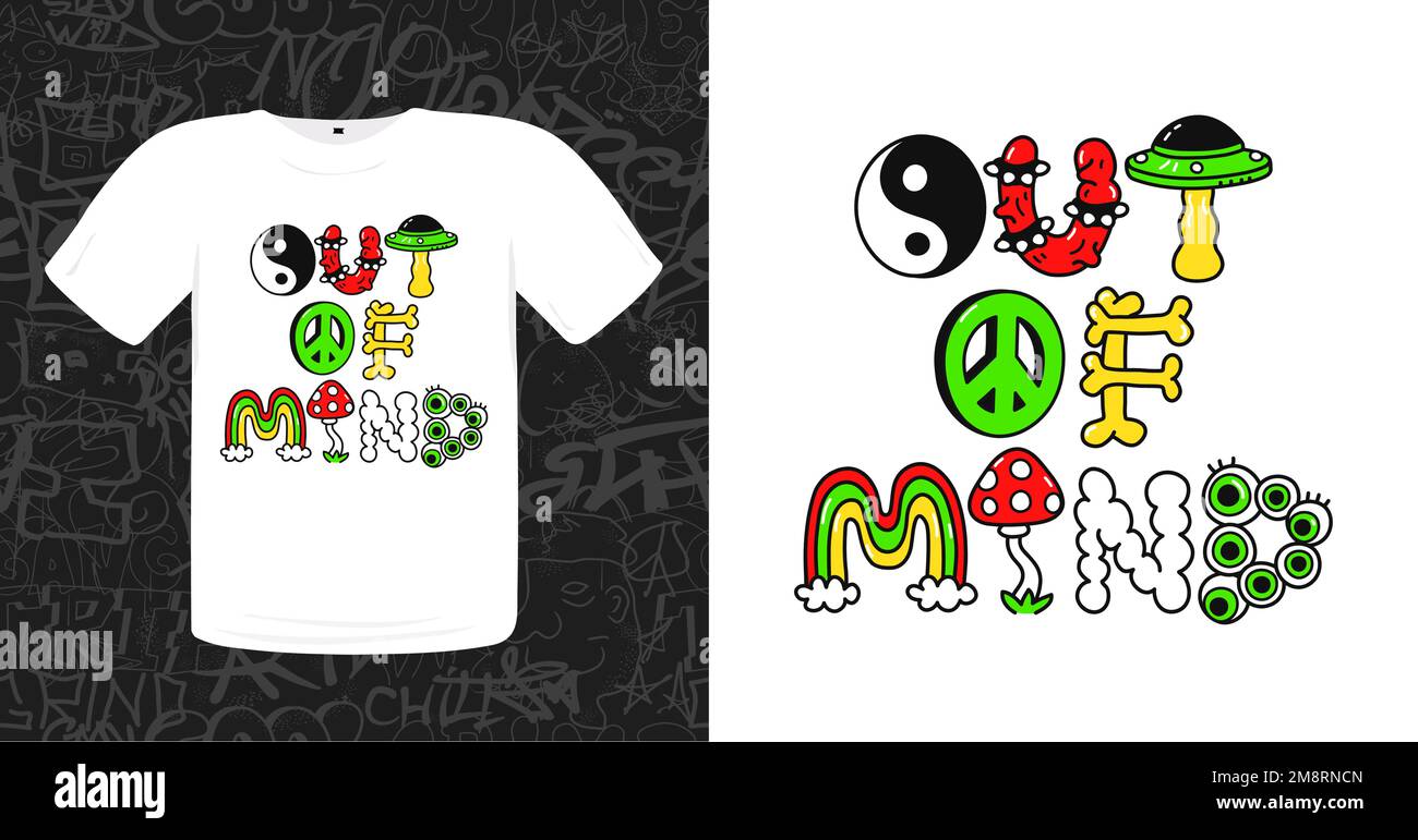 Citazione fuori della mente, trippy stile psichedelico letters.Vector mano disegnata cartoon illustrazione logo.out della mente citazione.Funny lettere Trippy, acido psichedelico stampa moda per il concetto di t-shirt Illustrazione Vettoriale