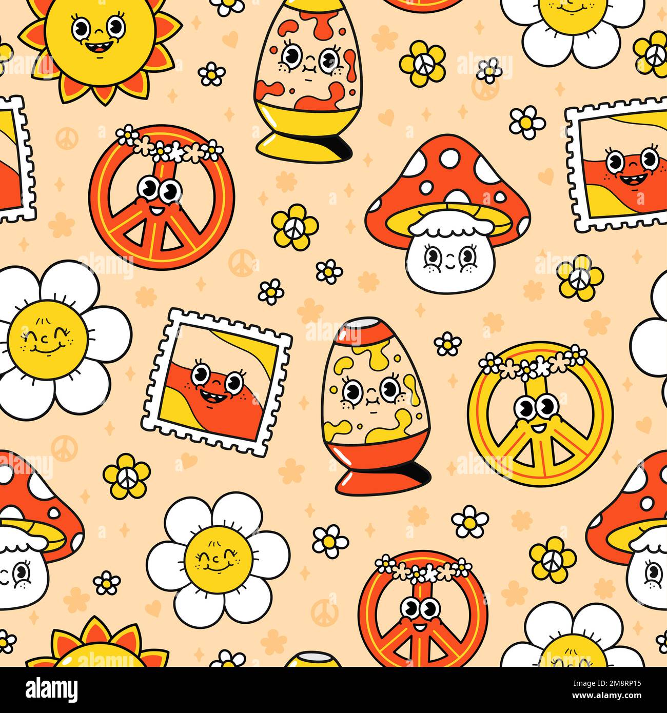 Divertente motivo hippie senza cuciture. Lettere vettoriali per illustrazioni di caratteri cartoni animati. 60s hippie stile senza cuciture disegno Illustrazione Vettoriale