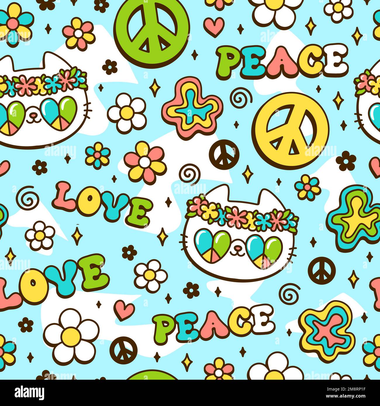 Carino gatto, pace hippie simbolo in fiore senza cuciture modello. Vettoriale mano disegnata kawaii trendy cartoon Illustration.Hippie Cat,60s,70s,groovy moda stampa senza cuciture modello concetto Illustrazione Vettoriale