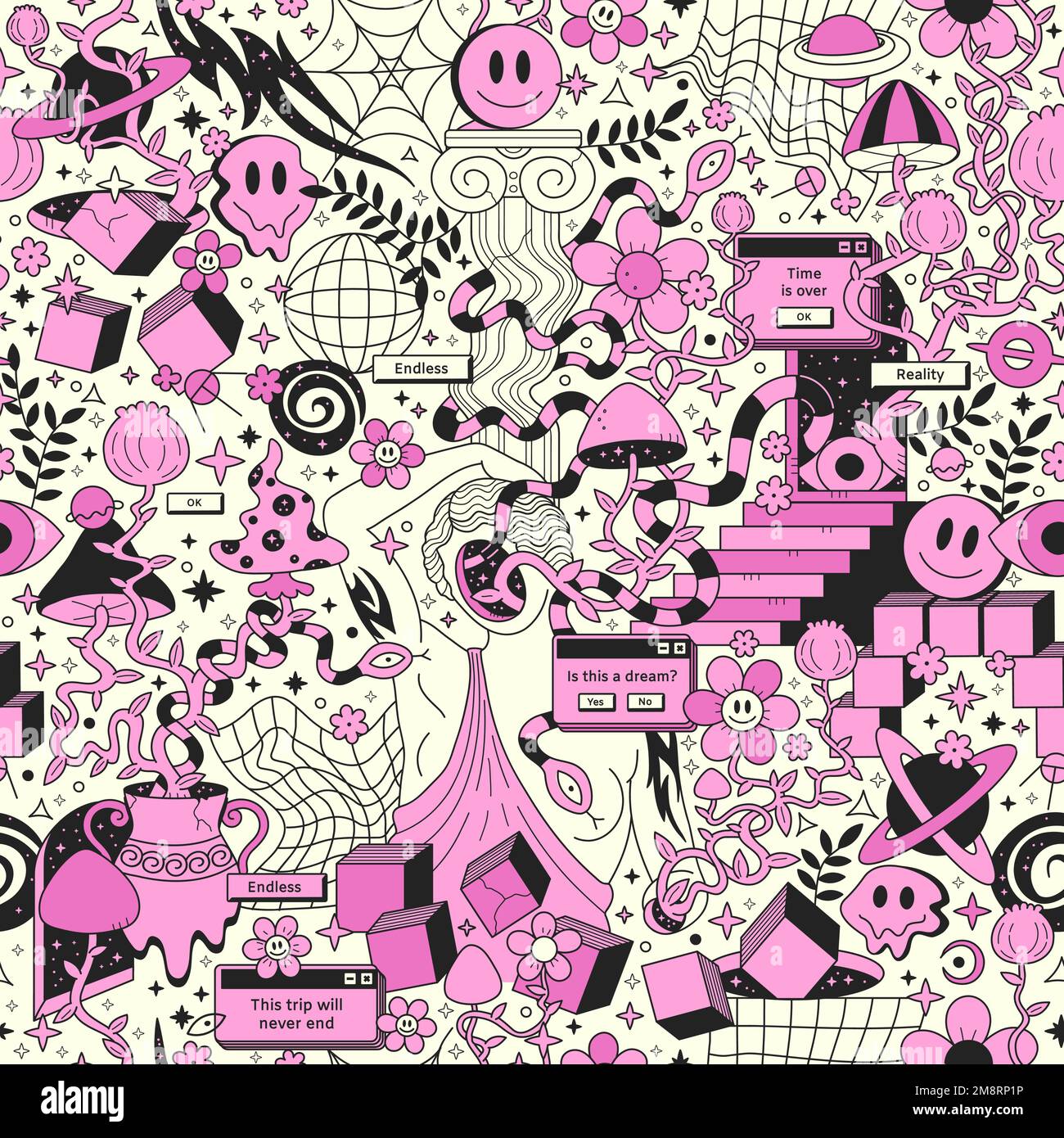 Trippy psichedelico senza cuciture pattern.Vector pazzo doodle personaggio illustrazione.Smile groovy volti, geometria, antica statua, funghi magici senza cuciture motivo vintage carta da parati stampa arte concetto Illustrazione Vettoriale