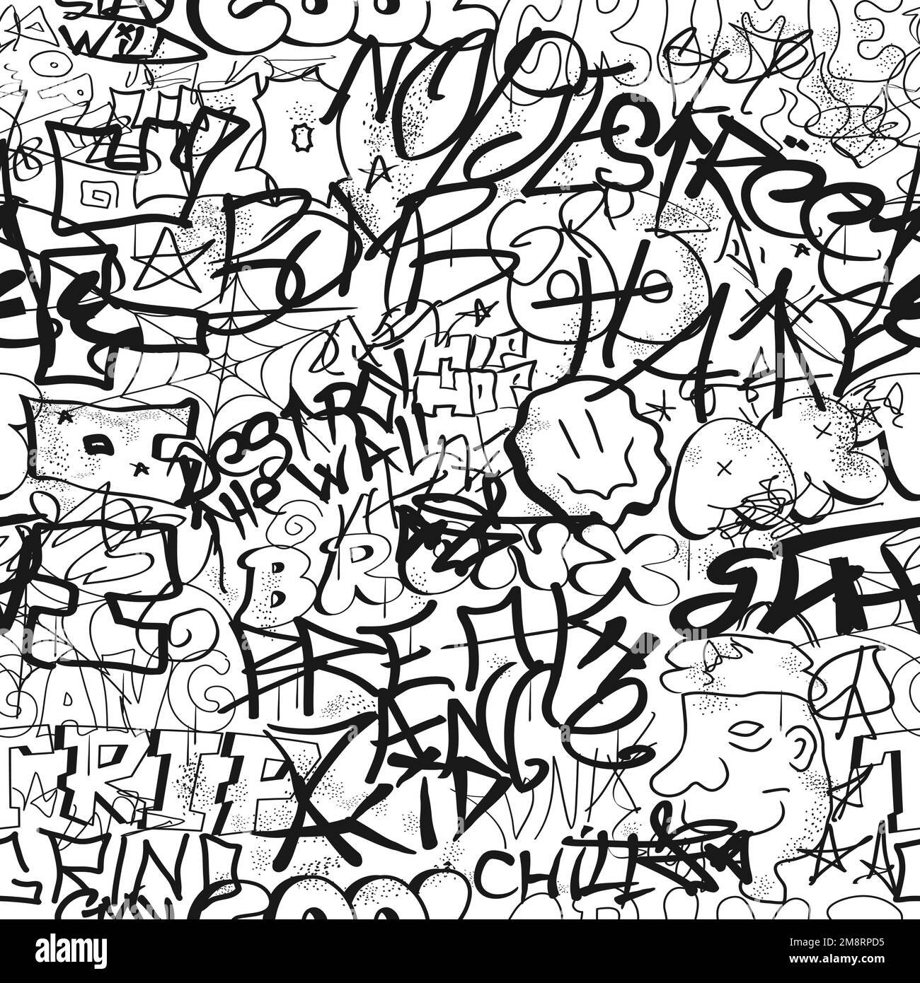 Graffiti senza cuciture motivo sfondo art.Vector grafica sfondo illustrazione.Graffiti lettering, arte urbana senza cuciture motivo sfondo concetto di stampa Illustrazione Vettoriale