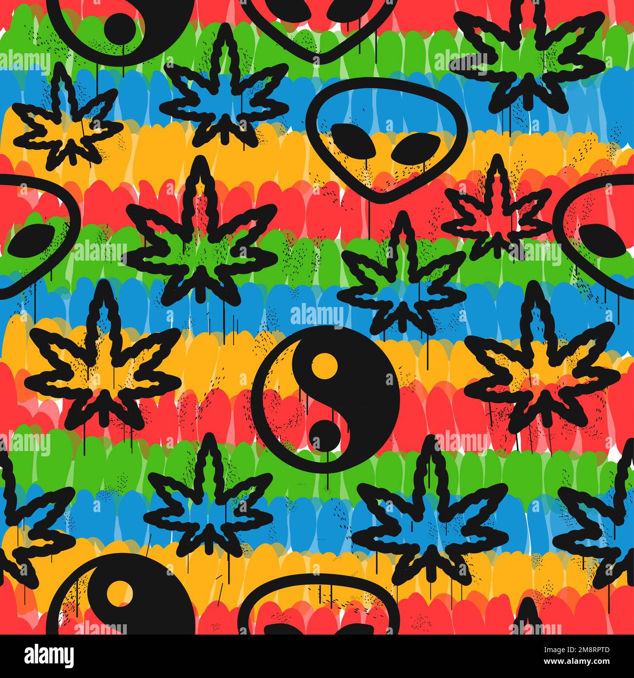 Foglie di cannabis, alieno, Yin Yang tie dye senza cuciture pattern background.Vector tie dye cartoon Illustration.60s style, hippie, alghe, marijuana senza cuciture pattern art Illustrazione Vettoriale